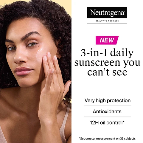 Image 1 - A woman with dark curly hair applies a light-colored product to her cheek, next to text that reads Neutrogena BEAUTY TO A SCIENCE, NEW 3-in-1 daily sunscreen you cant see, Very high protection, Antioxidants, 12H oil control*, and *Sebumeter measurement on 33 subjects. Image 2 - A tube of Neutrogena Ultra Sheer Invisible Fluid Sunscreen with SPF 50+ is displayed on a yellow background with text features Ultra light, fast absorbing fluid, Perfect for pre-make up, Invisible on all skin tones, For daily usage, Mattifying finish, and product details OIL CONTROL, UVA+UVB, VERY HIGH PROTECTION, Visible light & Anti-Oxidant, 50ml. Image 3 - An illustration on a white and yellow background featuring glowing spherical bubbles, a sun icon with SPF 50, and text detailing the products protective features: Powered by Helioplex SL™ Technology, Advanced protection with Next Generation UV filters* and Antioxidants, SPF 50, UVB, Long-UVA, Visible light, Pollution, and *versus traditional filters. Image 4 - A young man with clear skin looks at the camera next to text that reads Combats the 5 visible signs of spot-prone skin, followed by a list: Shine, Blemishes, Visible pores, Acne marks, Dryness. Image 5 - A close-up of a fair-skinned woman with freckles looking up is shown next to text that reads: Step 1 Apply generously and evenly to face before sun exposure Step 2 Reapply frequently. Image 6 - The image displays product features with corresponding icons, reading Gentle on all skin types, followed by Dermatologically tested with a flask icon, Ophthalmologically tested with an eye icon, Hypoallergenic* with a hand holding a leaf icon, Fragrance free with a crossed-out perfume bottle icon, and Non-comedogenic with a checked teardrop icon, along with the footnote *Formulated to minimise the risk of allergies.