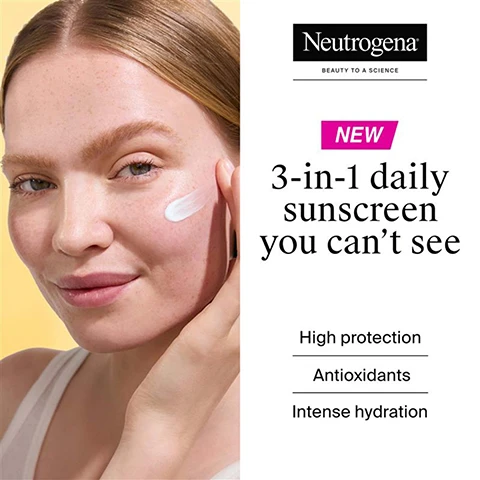 Image 1 - A woman with light hair and freckles applies white cream to her cheek, next to text that reads Neutrogena, BEAUTY TO A SCIENCE, NEW, 3-in-1 daily sunscreen you cant see, High protection, Antioxidants, Intense hydration. Image 2 - A Neutrogena Ultra Sheer Invisible Cream Sunscreen SPF 50 tube is displayed on a yellow background with a cream swatch and white spheres, accompanied by text reading Ultra comfortable, fast absorbing cream, Perfect for pre-make up, Invisible on all skin tones, HYDRATION, UVB + UVA, Visible light ANTI-OXIDANT, HIGH PROTECTION, For daily usage, and Dry-touch. Image 3 - An abstract image featuring various light yellow and transparent spheres against a yellow gradient background, with a sun icon displaying SPF 50, and text that reads: Powered by Helioplex SL™ Technology, Advanced protection with Next Generation UV filters* and Antioxidants, SPF 50, UVB, Long-UVA, Visible light, Pollution, *versus traditional filters. Image 4 - The image displays product claims with icons, including the title Gentle on all skin types, followed by Dermatologically tested, Ophthalmologically tested, Hypoallergenic*, Fragrance free, Non-comedogenic, and a note *Formulated to minimise the risk of allergies. Image 5 - A young woman with freckles is shown in sunlight looking forward, with text on the right that reads Step 1 Apply generously and evenly to face before sun exposure Step 2 Reapply frequently.