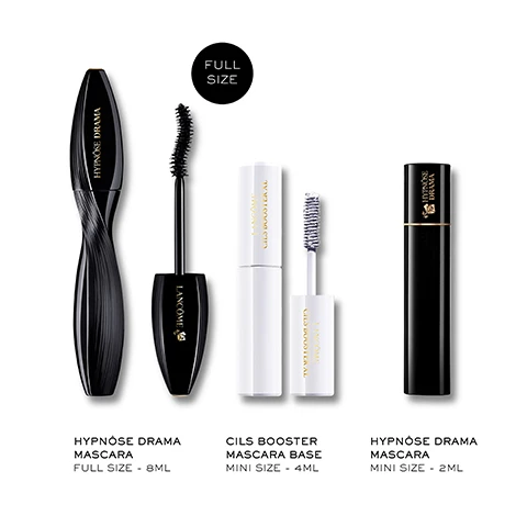Image 1 - Three Lancôme mascara products are displayed, including a black full-size Hypnôse Drama mascara with its brush extended, a white Cils Booster Mascara Base with its brush extended, and a small black mini Hypnôse Drama mascara tube, with visible text reading FULL SIZE, HYPNÔSE DRAMA MASCARA FULL SIZE - 8ML, CILS BOOSTER MASCARA BASE MINI SIZE - 4ML, and HYPNÔSE DRAMA MASCARA MINI SIZE - 2ML. Image 2 - A grid of six eye close-ups displays before and after comparisons of mascara application on dense, curled, and short lashes, with text UP TO 17x MORE VOLUME* BEFORE AFTER DENSE LASHES CURLED LASHES SHORT LASHES *AFTER 2X COATS. Image 3 - A black, twisted mascara tube labeled HYPNOSE DRAMA is surrounded by three dishes on a grey background, displaying its ingredients and benefits: BLACK BACCARA ROSE FOR SMOOTHER LOOKING LASHES, 2% BONDING COMPLEX LASHES FEEL FORTIFIED*, and BLACK ONYX PIGMENTS SMOLDERING INTENSITY, with a disclaimer stating IN A CONSUMER TEST AFTER 2 WEEKS OF DAILY USE. Image 4 - A black mascara tube with a twisted, ribbed design stands next to its applicator wand with a brush, against a dark gray background, with the visible text: ENRICHED WITH 2% BONDING COMPLEX UP TO 24H WEAR WITH NO SMUDGING LANCOME HYPNOSE DRAMA.