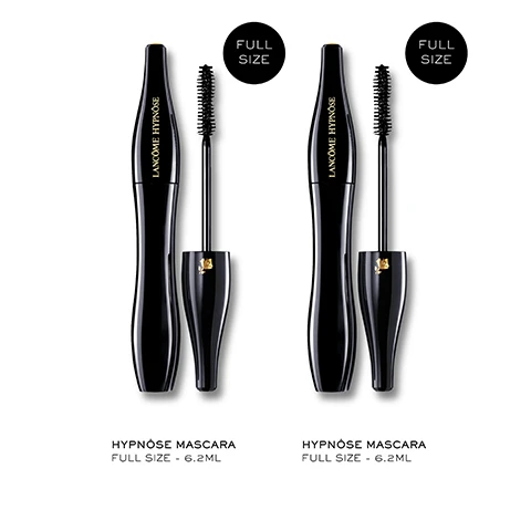 Image 1 - The image shows two identical black Lancôme Hypnôse mascara tubes with the wands extended, each featuring a black circular label stating FULL SIZE above, and the text HYPNÔSE MASCARA FULL SIZE - 6.2ML below. Image 2 - A split image showing a womans eye with natural lashes above and enhanced, voluminous lashes below, with the text Before, After, Our No.1 Mascara, and Hypnôse Original. Image 3 - A Lancôme Hypnôse mascara tube and its wand with a brush are displayed against a background of black mascara strokes and white space, with text stating 91% SAW THIS MASCARA LEAVE LASHES FEELING SUPPLE*, 89% SAW A PRECISE MAKEUP RESULT*, 79% SAW A MORE INTENSE LOOK TO THE EYES*, and *CONSUMER TEST ON A PANEL OF 58 WOMAN. Image 4 - A petri dish containing a yellow amber-like substance is placed on a black brush stroke smear, with the text Enriched in Provitamin B5 Leaves lashes feeling soft & supple above it. Image 5 - A black mascara wand with product on its bristles sweeping upwards, with the text BUILDABLE VOLUME. Image 6 - A woman with dark hair, defined eyebrows, and prominent eye makeup gazes forward, while a hand holds a black mascara tube near her cheek, with stylized graphics of mascara tubes and horizontal bars indicating performance metrics; visible text includes LANCOME HYPNÔSE, VOLUME, DEFINITION, LENGTH, CURL, and HYPNÔSE ORIGINAL.
