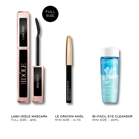 Image 1 - A Lancome beauty set featuring a mascara, eyeliner, and eye cleanser, with visible text: FULL SIZE, LANCOME, IDOLE LASH, LE CRAYON KHOL, PARIS, BI-FACIL, DEMOQUILLANT RAPIDE, NON-GRAS, YEUX SENSIBLES, INSTANT CLEANSER, OIL-FREE, SENSITIVE EYES, 30 ml 1 fl. oz., LASH IDOLE MASCARA FULL SIZE - 8ML, LE CRAYON KHOL MINI SIZE - 0.7G, BI-FACIL EYE CLEANSER MINI SIZE - 30ML. Image 2 - A close-up split image shows a womans eye before and after applying winged eyeliner and mascara, with visible text reading BEFORE, AFTER, LIFT & LENGTH, and IDÔLE LASH. Image 3 - A pink-cased Lancôme Idôle Lash mascara tube with a black label is shown open with its brush applicator and black mascara streaks, next to a small rose-emblazoned cap, all on a light pink background, with visible text reading INSTANT VOLUME & LIFT, LANCOME IDOLE LASH, NO CLUMPING. Image 4 - A rose gold and black Lancôme Idôle Lash mascara tube is presented on a grey background, with a magnified view of its black brush and text reading Lancôme, Idôle Lash, Volume, Definition, Length, Curl.