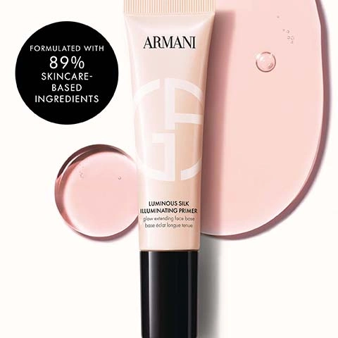 Image 2 - A peachy-pink tube of Armani Luminous Silk Illuminating Primer with a black cap stands next to swatches of the product, with visible text that reads FORMULATED WITH 89% SKINCARE-BASED INGREDIENTS, ARMANI, LUMINOUS SILK ILLUMINATING PRIMER, glow extending face base, and base éclat longue tenue. Image 3 - A split image of a womans face shows the left side with visible pores and natural skin texture, labeled BEFORE, and the right side with smoother, more radiant skin, labeled AFTER PRIMER.