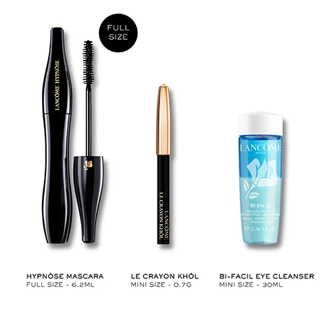 Image 1 - Three Lancôme beauty products are displayed against a white background: a full-size black Hypnôse mascara with its wand extended, a black and gold Le Crayon Khôl eyeliner, and a blue and clear Bi-Facil Eye Cleanser bottle, with visible text reading FULL SIZE, LANCÔME HYPNÔSE, HYPNÔSE MASCARA FULL SIZE - 6.2ML, LANCÔME PARIS LE CRAYON KHÔL, LE CRAYON KHÔL MINI SIZE - 0.7G, LANCOME PARIS BI-FACIL, and BI-FACIL EYE CLEANSER MINI SIZE - 30ML. Image 2 - A split image showing a close-up of an eye before and after mascara application, with natural lashes on top and dramatically lengthened, volumized, and darkened lashes on the bottom, with the visible text BEFORE AFTER OUR NO.1 MASCARA HYPNÔSE ORIGINAL. Image 3 - A black Lancome Hypnose mascara tube and its brush are shown on a background of black mascara strokes with a gold Lancome logo medallion, alongside text stating 91% SAW THIS MASCARA LEAVE LASHES FEELING SUPPLE*, 89% SAW A PRECISE MAKEUP RESULT*, 79% SAW A MORE INTENSE LOOK TO THE EYES*, and *CONSUMER TEST ON A PANEL OF 58 WOMAN. Image 4 - A clear glass petri dish holds a golden amber piece, set against a black, textured smudge on a white background, with text saying ENRICHED IN PROVITAMIN B5 LEAVES LASHES FEELING SOFT & SUPPLE. Image 5 - A close-up of a black mascara wand coated with mascara, creating thick streaks against a white background, with text that reads BUILDABLE VOLUME. Image 6 - A woman with long dark hair and makeup poses holding a black Lancôme Hypnôse Drama mascara tube near her face, with graphics showing mascara performance metrics labeled VOLUME, DEFINITION, LENGTH, CURL, and text on the right reading HYPNOSE ORIGINAL.