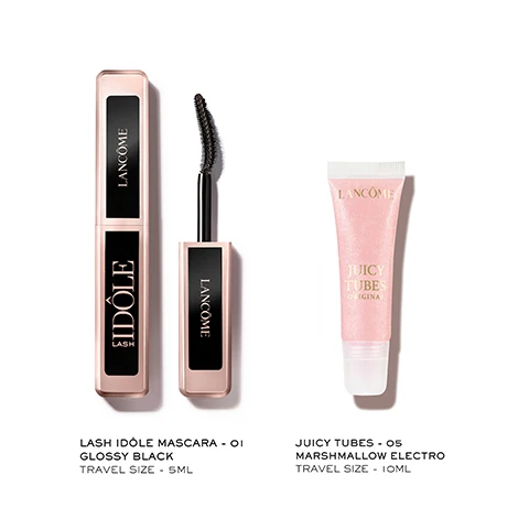 Image 1 - The image displays a Lancôme Lash Idôle Mascara, with its rose gold and black tube next to its black brush, and a pink Lancôme Juicy Tubes lip gloss, with visible text that reads LANCÔME, IDÔLE, LASH, LANCÔME, LASH IDÔLE MASCARA - 01 GLOSSY BLACK, TRAVEL SIZE - 5ML, LANCÔME, JUICY TUBES, ORIGINAL, JUICY TUBES - 05 MARSHMALLOW ELECTRO, TRAVEL SIZE - 10ML. Image 2 - A split image shows a persons eye before makeup with text BEFORE, and after makeup with dramatic dark blue winged eyeliner and voluminous lashes with text AFTER, LIFT & LENGTH, and IDOLE LASH. Image 3 - A Lancôme Idôle Lash mascara tube, open with its wand extended, and a small decorative cap are displayed on a light pink background with text that reads Instant Volume & Lift, Lancôme Idôle Lash, Lancôme, and No Clumping. Image 4 - A four-panel image shows a close-up of light pink glossy lips with a lip gloss applicator, a close-up of dark brown glossy lips holding a heart-shaped pink and white marshmallow, another close-up of dark brown glossy lips biting a pink and white marshmallow, and a pink textured background with the text Marshmallow Electro. Image 5 - Pink shimmery lip gloss dripping from a tube and pooling, with the text ULTRA SHINY LIP GLOSS 3 SHINY FINISHES SPARKLE, CREAMY & JELLY GLOSS ON-THE-GO. Image 6 - Close-up of a person with dark skin, glossy lips, and a gold hoop earring, with the text Marshmallow Electro visible at the bottom left.
