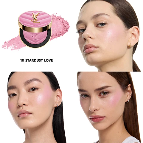 Image 1 - A pink YSL blush compact and a swatch of pink powder are shown alongside three models of different skin tones wearing the blush on their cheeks, with the text 10 STARDUST LOVE. Image 2 - A woman with reddish-brown hair, gold hoop earrings, and rosy cheeks holds a gold YSL blush compact, displaying a tattoo that reads ANGEL on her shoulder, alongside overlay text that states THE UKS #1 BLUSH* and *Source: Circana (UK) Ltd, Retail Tracking Service, Prestige Makeup Blush Subsegment by Product Value Sales, Jan - Aug 2023. Image 3 - A display of fifteen powdered makeup swatches in various shades of pink, red, nude, purple, and brown, each labeled with a number and name: 54 BERRY BANG, 57 CORAL CLASH, 12 NOCTURNAL NUDE, 37 PEACHY NUDE, 69 LAVENDER LUST, 44 NUDE LAVALLIERE, 87 PINK VOLTAGE, 06 ROSE HAZE, 42 BABYDOLL PINK, 24 SUAVE SUNSTONE, 83 SPICY BERRY, 93 RESTLESS ROSE, 10 STARDUST LOVE, 12 HONEY MOON, 66 FUSCIA FIZZ. Image 4 - Two gold-trimmed YSL compacts, one open revealing purple-pink makeup and the other closed, are shown against a white background with text ALL DAY WEAR 24H WATER PROOF SWEAT PROOF *CONSUMER TEST ON 100 WOMEN. Image 5 - Close-up of a womans face with glossy pink lips and pink blush, holding a clear YSL lip gloss tube, with an inset showing a YSL Loveshine Plumping Lip Oil Gloss bottle and a pink heart-shaped YSL Make Me Blush Powder Blush compact, with the text Shade 10 Stardust Love, Available in YSL Loveshine Plumping Lip Oil Gloss and Make Me Blush Powder Blush. Image 6 - A pink YSL compact and a clear YSL lip gloss tube sit on heart-shaped pink candies, with text that reads SHADE 10 STARDUST LOVE, AVAILABLE IN YSL LOVESHINE PLUMPING LIP OIL GLOSS AND MAKE ME BLUSH BOLD BLURRING BLUSH.