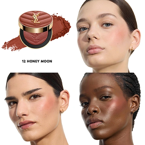 Image 1 - A round YSL blush compact and loose powder in a reddish-brown shade is shown alongside three women with different skin tones wearing the blush on their cheeks, with the text 12 HONEY MOON. Image 2 - A woman with reddish-brown hair and pink blush on her cheeks holds a round pink YSL blush compact, with visible text THE UKS #1 BLUSH*, ANGEL, and *Source: Circana (UK) Ltd, Retail Tracking Service, Prestige Makeup Blush Subsegment by Product Value Sales, Jan - Aug 2023. Image 3 - The image shows 18 cosmetic powder swatches in various shades, arranged in two columns, each with its shade number and name: 54 BERRY BANG, 12 NOCTURNAL NUDE, 69 LAVENDER LUST, 87 PINK VOLTAGE, 42 BABYDOL PINK, 83 SPICY BERRY, 10 STARDUST LOVE, 66 FUSCIA FIZZ, 57 CORAL CLASH, 37 PEACHY NUDE, 44 NUDE LAVALLIERE, 06 ROSE HAZE, 24 SUAVE SUNSTONE, 93 RESTLESS ROSE, 12 HONEY MOON. Image 4 - Two pink and gold makeup compacts, one open and one closed, are displayed against a white background with large pink text ALL DAY WEAR 24H, and smaller black text WATER PROOF, SWEAT PROOF, and CONSUMER TEST ON 100 WOMEN. Image 5 - A close-up of a person with dark skin applying a warm-toned lip gloss and wearing a matching blush, with the text SHADE 12 HONEY MOON, and AVAILABLE IN YSL LOVESHINE PLUMPING LIP OIL GLOSS AND MAKE ME BLUSH POWDER BLUSH displayed next to the respective products. Image 6 - A YSL lip oil gloss and a compact blush in Shade 12 Honey Moon are displayed amongst amber-colored candies, with text that reads SHADE 12 HONEY MOON and AVAILABLE IN YSL LOVESHINE PLUMPING LIP OIL GLOSS AND MAKE ME BLUSH BOLD BLURRING BLUSH.