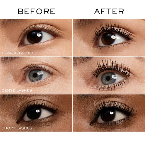 Image 1 - A grid of before and after images shows three different eyes with varying lash types, demonstrating the effect of mascara application, with visible text Before, After, Sparse Lashes, Dense Lashes, Short Lashes. Image 2 - A woman with natural makeup and an elegant earring holds a rose gold mascara tube, with text reading Max Factor Volume Infusion, UP TO 150%* CURL BOOST, UP TO + 800%** VOLUME, *INSTRUMENTAL TEST, 32 WOMEN, **INSTRUMENTAL TEST, AFTER TWO COATS, 28 WOMEN. Image 3 - A woman applies mascara to her upper eyelashes with a black wand, holding the rose gold tube in her hand, with the text 40° TWISTED BRUSH FOR UNWAVERING CURL & VOLUME displayed in the top left. Image 4 - A young woman with long brown hair, Olivia Rodrigo, wears a black leather jacket, pink lipstick, and winged eyeliner, shown in profile looking right, with text that reads FAST SETTING FORMULA FOR A BIG CURL WITH NO WEIGH DOWN UP TO 30H WEAR* OLIVIA RODRIGO *CONSUMER TEST, 111 WOMEN. Image 5 - A three-step beauty routine featuring Lancôme mascara products against a white background, including a white tube of primer with its brush, a tall rose gold mascara tube with its brush and a shorter rose gold container also with a brush, and a pink tube of mascara remover with its brush, with the visible text: BIG CURL ROUTINE 1 PRIME CILS BOOSTER LANCOME CILS BOOSTER XL 2 CURL & VOLUMISE LASH IDOLE CURL GODDESS LASH IDOLE LANCOME LANCOME 3 REMOVE MASCARA MELTER Mascara Melter. Image 6 - The image displays two mascara products, one rose gold with its wand extended labeled LASH IDÔLE CURL GODDESS and the other light pink with its wand extended labeled MELTER MASCADA CARING MASCARA REMOVER, with additional text reading GODDESS ROUTINE, CURL & VOLUMISE LASH IDÔLE CURL GODDESS, and 2 REMOVE MASCARA MELTER. Image 7 - Image shows three rose gold and pink makeup products, including mascara, lip gloss, and eyeshadow, with the text Goddess Look, Lash Idôle Curl Goddess Curl & Volume Mascara, Idôle Goddess Dimension Highly Pigmented Eyeshadow Celestial Spark N°10, and Lip Idôle Juicytreat™ 3D Juicy-Shine Oil-in-Gloss N°10 Pink Oh La La. Image 8 - Three rose gold Lancôme mascara tubes are displayed with their wands extended, resting on a black wavy surface against a white background, featuring the visible text LASH IDÔLE FLUTTER EXTENSION INSTANT LENGHTENING, LASH IDÔLE CURL GODDESS FAST-SETTING CURL & VOLUME, LASH IDÔLE FANNED-OUT VOLUME, LANCOME, and IDÔLE.
