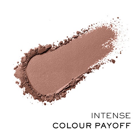 A diagonal swatch of brown-toned eyeshadow powder scattered on a white background, with the text INTENSE COLOUR PAYOFF.