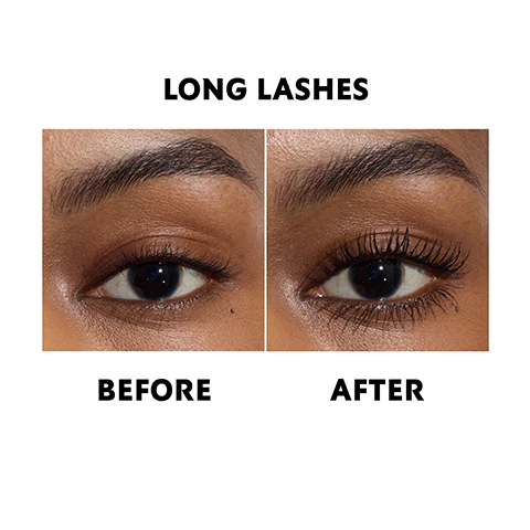 Image 1 - A split image shows a dark-skinned eye with natural lashes on the left and the same eye with long, full lashes on the right, with the text LONG LASHES, BEFORE, and AFTER. Image 2 - A split image shows a persons eye with short, light eyelashes on the left, labeled Before, and the same eye with long, dark, mascara-enhanced lashes on the right, labeled After, with the text Short Lashes at the top. Image 3 - A before and after comparison of a persons eye, showing straight, natural lashes on the left and long, curled, volumized lashes on the right, with the visible text Straight Lashes, Before, and After. Image 4 - A split image showing a persons eye before and after lash curling, with the left side showing natural lashes and the right side showing curled lashes, captioned Curl Lashes Before After. Image 5 - A silver YSL mascara tube is featured vertically, surrounded by white and yellow flower petals and clear liquid drops on a white background, with text that reads LASH-CONDITIONING FORMULA, PLUMPED LASHES, HYALURONIC ACID, LASTING CARE, IRIS FLORENTINA ROOT EXTRACT. Image 6 - A YSL Mascara Guide displays two mascaras: on the left, a black Lash Clash Extreme Volume mascara with its XXL brush featuring 260 wavy fibers and an eye with volumized lashes, categorized as Volumizing; on the right, a silver Lash Latex Instant Length & Lift mascara with its 496 Micro-Bristles and an eye with lengthened lashes, categorized as Lengthening.