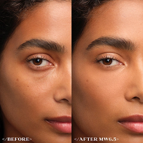 Image 3 - A split image shows a persons face before and after makeup application, with the left side showing visible under-eye darkness and uneven skin texture, and the right side showing smoother, more even skin, followed by the text </BEFORE> and </AFTER MW6.5>. Image 4 - The image shows three arms with different skin tones from light to deep, displaying various concealer shades swatched on them, with a light concealer tube held by the left hand and a dark concealer tube held by the right hand, both labeled SCULPT, accompanied by the text LIGHT SHADES [1-3], MEDIUM SHADES [4-6.5], DEEP SHADES [7-9.5], and shade numbers LN1, LC1, LN2, LW2, LN3, LW3, LC3, MN4, MN5, MW5, MC6, MN6, MW6, MW6.5, MN6.5, DN7, DC7, DW8, DW9, DC9, DN9.5, DC9.5. Image 5 - A close-up of a persons face with a Prada applicator applying dots of product near the eye, with the text DOT, DIFFUSE, DIMENSIONALIZE visible in the bottom right corner. Image 6 - A clear liquid drop with bubbles interacts with a golden liquid drop on a white background, with the text Peptide Complex, Prada Conceal Hydrating Formula, and Squalane. Image 7 - A shade matching chart for Prada Conceal and Prada Reveal products shows Concealer and Foundation codes grouped by Light, Medium, and Deep shades: PRADA CONCEAL & PRADA REVEAL SHADE MATCHING, CONCEALER, FOUNDATION, LIGHT SHADES, LN1 LN5, LC1 LC5/LC10, LN2 LN10, LW2 LW5/LW10, LN3 LN15/LN25, LW3 LW15/LW25, LC3 LC15, MEDIUM SHADES, MN4 MN40/MN45/MC45, MN5 MN50, MW5 MW40/MW45/MW50, MC6 MC50, MN6 MN55/MC60/MN60, MW6 MW55, MW6.5 DW70/DN70/DN75, MN6.5 -, DEEP SHADES, DN7 DW75/DW80/DN85, DC7 DC70, DW8 DW85, DW9 -, DC9 DC80, DN9.5 DN90, DC9.5 DN90. Image 8 - A collection of Prada concealers in various skin tone shades, from light to dark, with two tubes revealing their doe-foot applicators, and text that reads PRADA CONCEAL BLURRING MICRO-CORRECTING CONCEALER.