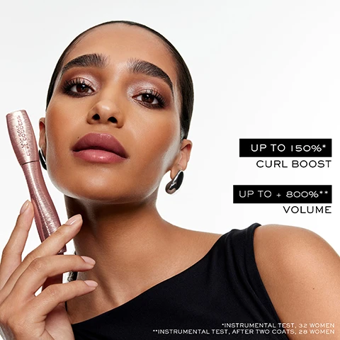 Image 1 - A woman with polished makeup and a silver earring holds a rose-gold mascara tube labeled THEYRE REAL! MAGNET BENEFIT COSMETICS, with additional text stating UP TO 150%* CURL BOOST UP TO + 800%** VOLUME *INSTRUMENTAL TEST, 32 WOMEN **INSTRUMENTAL TEST, AFTER TWO COATS, 28 WOMEN. Image 2 - A woman with dark hair and blue eyes applies mascara to her left eye, holding a rose gold tube, with text reading 40° TWISTED BRUSH FOR UNWAVERING CURL & VOLUME. Image 3 - A young woman with dark hair and makeup wears a black leather jacket, looking right, with text overlaid that reads FAST SETTING FORMULA FOR A BIG CURL WITH NO WEIGH DOWN UP TO 30H WEAR* OLIVIA RODRIGO *CONSUMER TEST, 111 WOMEN. Image 4 - The image displays three Lancôme products for a big curl routine, arranged from left to right: a white mascara primer with its brush out, a rose gold mascara with its brush out, and a pink mascara remover with its brush out, all on a black and white background, with text that reads BIG CURL ROUTINE 1 PRIME CILS BOOSTER LANCOME CILS BOOSTER XL 2 CURL & VOLUMISE LASH IDOLE CURL GODDESS LANCOME 3 REMOVE MASCARA MELTER MELTR MASCARA MELTER GENTLE EYE MAKEUP REMOVER. Image 5 - The image shows a two-step Goddess Routine featuring a rose gold Lancôme Lash Idôle Curl Goddess mascara with its wand out for curling and volumising, and a light pink Mascarada Melter Caring Mascara Remover with its wand out for removing, presented with text that reads Goddess Routine, Curl & Volumise Lash Idôle Curl Goddess, and 2 Remove Mascara Melter. Image 6 - Three rose gold makeup products, a mascara tube, an open pot of shimmery pink eyeshadow, and an open lip gloss with a pink applicator are displayed, with the visible text GODDESS LOOK, LASH IDÔLE CURL GODDESS, CURL & VOLUME MASCARA, IDÔLE GODDESS DIMENSION, HIGHLY PIGMENTED EYESHADOW, CELESTIAL SPARK N°10, LIP IDÔLE JUICYTREAT, 3D JUICY-SHINE OIL-IN-GLOSS, N°10 PINK OH LA LA, and LASH IDÔLE CURL & GODDESS on the mascara tube. Image 7 - Three rose gold and black Lancôme mascaras, each with an opened wand, stand on a black wavy surface against a white background, with visible text reading LASH IDÔLE FLUTTER EXTENSION INSTANT LENGTHENING, LASH IDÔLE CURL GODDESS FAST-SETTING CURL & VOLUME, LASH IDÔLE FANNED-OUT VOLUME, and on the mascara tubes LANCÔME FLUTTER EXTENSION, LANCÔME LASH IDÔLE CURL GODDESS, and LANCÔME LASH IDÔLE IDÔLE.