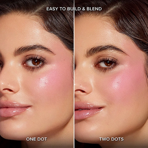 Image 4 - A split image shows a womans face with light pink blush on the left cheek and a darker pink blush on the right cheek, with text reading EASY TO BUILD & BLEND, ONE DOT, TWO DOTS. Image 5 - A grid of nine portraits shows three women with fair, medium, and dark skin tones modeling three blush shades, labeled vertically on the left as LOVE LETTER, AT FIRST SIGHT, and FIRST LOVE. Image 6 - Five swatches of lip gloss or liquid lipstick in shades of red, pink, and coral are diagonally displayed on a light pink background, labeled Roses Are Red, Head Over Heels, Last Love, First Love, At First Sight, and Love Letter. Image 7 - A pink Too Faced liquid cosmetic product in a clear bottle with an applicator wand and a pink swash, accompanied by a list of benefits: Natural-Looking Color, Buildable & Blendable, Weightless & Easy to Use, Hydrating Formula, Skin-Loving Ingredients.