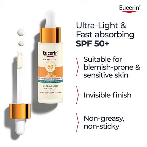 Image 2 - A white and orange Eucerin Ultra-Light UV Serum dropper bottle is shown with its dropper and two drops of serum, accompanied by the text: Eucerin, SUN PROTECTION, HIGH PROTECTION, SPF 50+, UVA/UVB, OIL CONTROL, ADVANCED SPECTRAL TECHNOLOGY, DAILY BLEMISH PRONE SKIN, ULTRA-LIGHT UV SERUM, DERMATOLOGICAL SKINCARE, Ultra-Light & Fast absorbing SPF 50+, Suitable for blemish-prone & sensitive skin, Invisible finish, Non-greasy, non-sticky. Image 3 - A dropper dispenses a drop of light-colored serum into an open bottle, with the Eucerin logo and text that reads Weightless & mattifying, Very high UV-Protection, Reduces oiliness & shine. Image 6 - A close-up of a persons face with a dropper applying a product to their cheek, featuring the text Eucerin Our lightest Oil Control UV-protection Now with Pollution Defence* SPF 50+ *Powered by Anti-Pollution Vitamin Booster. Image 7 - Three women with diverse skin tones are shown alongside a bottle of Eucerin Sun Protection Ultra-Light UV Serum which has text reading Eucerin SUN PROTECTION VERY HIGH PROTECTION 50+ UVA UVB OIL CONTROL ADVANCED SPECTRAL TECHNOLOGY OILY BLEMISH PRONE SKIN ULTRA-LIGHT UV SERUM DERMATOLOGICAL SKINCARE, and next to them is the text Suitable for all skin tones. Image 8 - The image shows three Eucerin skincare products, each with a small sun icon below it and a large orange number 1, 2, or 3 behind it, along with the Eucerin logo in the top right corner; product 1 is a teal pump bottle labeled Eucerin DERMOPURE CLINICAL PURIFYING CLEANSER SALICYLIC ACID Skin Respect GENTLE Reduces excess oil and unclogs pores FOR ACNE-PRONE SKIN DERMATOLOGICAL SKINCARE, with text below reading DERMOPURE CLINICAL Purifying Cleanser; product 2 is a white pump bottle with a teal band labeled Eucerin DERMOPURE TRIPLE ACTION + 2% SALICYLIC ACID + THIAMIDOL DERMATOLOGICAL SKINCARE, with text below reading DERMOPURE CLINICAL Triple Action+; and product 3 is a small clear dropper bottle with an orange label labeled Eucerin SUN PROTECTION 50+ OIL CONTROL ADVANCED SPECTRAL TECHNOLOGY ULTRA-LIGHT UV SERUM DERMATOLOGICAL SKINCARE, with text below reading OIL CONTROL Daily UV-Serum SPF 50+.