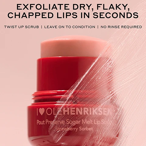 Image 1 - A red and pink lip scrub product in a tube is shown with a textured swirl effect on a light pink background, with text reading EXFOLIATE DRY, FLAKY, CHAPPED LIPS IN SECONDS, TWIST UP SCRUB | LEAVE ON TO CONDITION | NO RINSE REQUIRED, I HEART OLEHENRIKSEN Pout Preserve Sugar Melt Lip Scrub Strawberry Sorbet. Image 2 - A split image shows a close-up of dry, chapped lips in the top panel labeled BEFORE and the same lips looking hydrated and smoother in the bottom panel labeled INSTANTLY AFTER. Image 3 - A three-panel image showing lips: the top panel displays dry lips labeled BEFORE, the middle panel shows moisturized lips after a scrub labeled WITH SCRUB, and the bottom panel shows full, glossy lips in a pout labeled WITH POUT. Image 4 - A red OLEHENRIKSEN Pout Preserve Sugar Melt Lip Scrub tube, featuring a heart icon, is twisted open to reveal the pink, grainy sugar melt scrub inside, with surrounding text stating 100% had instantly smoother lips*, INSTANT + ALL-DAY hydration, and 100% agree it conditions + nourishes lips*, noting *week clinical study on 33 people. Image 5 - A close-up image features a strawberry dripping liquid onto a pink OLE HENRIKSEN lip product jar, with two sugar cubes nearby, accompanied by the text SMOOTH YOUR POUT, STRAWBERRY SORBET SCENT, COCONUT + SUNFLOWER OIL condition and nourish lips, FINE SUGAR gently exfoliates and retexturizes lips, and KOKUM, COCOA + SHEA BUTTER nourish and soften lips. Image 6 - The image displays a stack of red and pink Ole Henriksen Pout Preserve Sugar Melt Lip Scrub containers against a light pink background, with visible text on the containers saying I <3 OLEHENRIKSEN Pout Preserve Sugar Melt Lip Scrub Strawberry Sorbet, and instructions on the right reading HOW TO USE SUGAR MELT LIP SCRUB 01 / TWIST UP 02 / SMOOTH ON Exfoliate and polish 03 / MELT IN Condition and hydrate TIP: For first use, massage over lips to buff off the top layer and reveal sugars. Image 7 - A round red container holds a light pink, textured scrub with the text Fine Sugars + Nourishing Butters in a Sweet Strawberry Sorbet Scent. Image 8 - The image shows two swatches of pink cosmetic products, one textured and one glossy, with text describing Pout Preserve Peptide Lip Treatment Clinically fuller-looking lips in 1 WEEK and Pout Preserve Sugar Melt Lip Scrub 100% had instantly smoother lips.