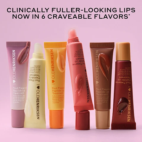 Image 1 - Six tubes of Ole Henriksen Pout Preserve Peptide Lip Treatment in various shades including lavender, pale yellow, orange, coral, light brown, and dark red are displayed on a light pink background, with visible text Clinically Fuller-Looking Lips Now in 6 Craveable Flavors. Image 2 - A pink Ole Henriksen Pout Preserve Peptide Lip Treatment tube is shown resting on a whisk dripping with pink whipped product, with visible text: PEPTIDE PÂTISSERIE POUT PRESERVE PEPTIDE LIP TREATMENT NOW IN SWEET MACARON I love OLEHENRIKSEN POUT PRESERVE Peptide Lip Treatment sodium butter & peptides soin à lèvres & peptides. Image 3 - A grid comparing three different models bare lips to their lips with a clear, shiny gloss applied, with the text BEFORE and IMMEDIATELY AFTER. Image 4 - A pink tube dispenses a glossy, rosy-brown lip product onto a pink macaron against a pink background, with text that reads ENT butter, açaí & peptides, INSTANTLY hydrates + improves elasticity*, Clinically fuller-looking lips in 1 WEEK*, INSTANTLY reduces the look of lip lines*, and 4-week clinical study on 39 people. Image 5 - A visual diagram shows a large swatch of a glossy brownish-pink lip product, with the title LIP-PLUMPING HYDRATION, surrounded by four circular images depicting ingredients and their benefits: LIP-SPECIFIC PEPTIDES Make lips look more defined + fuller, KOKUM + MANGO SEED BUTTER Soothe, nourish + condition lips, SCANDINAVIAN CLOUDBERRY OIL Provides intense moisture + visibly softens lips, and ACAI STEROLS Help strengthen skin barrier + boost hydration. Image 6 - A close-up shows a person with glossy lips holding a cracked pink macaron, with text A CHEFS KISS SHEER GLOSSY FINISH SWEET MACARON SCENT LONG-LASTING HYDRATION. Image 7 - Artfully arranged on a light pink background are six swatches of cosmetic tints in rosy mauve, creamy white, mauve pink, sheer orange-peach, beige-nude, and chocolate brown, each linked to its description: SWEET MACARON Rosy mauve tint Sweet macaron scent, VANILLA BONBON Sheer tint Sweet vanilla scent, STRAWBERRY SORBET Mauve pink tint Freshly picked strawberry scent, CITRUS SUNSHINE Sheer tint Fresh citrus scent, CRÈME BRÛLÉE Beige-nude tint Vanilla brown sugar scent, COCOA CRÈME Chocolate brown tint Rich hot chocolate scent.