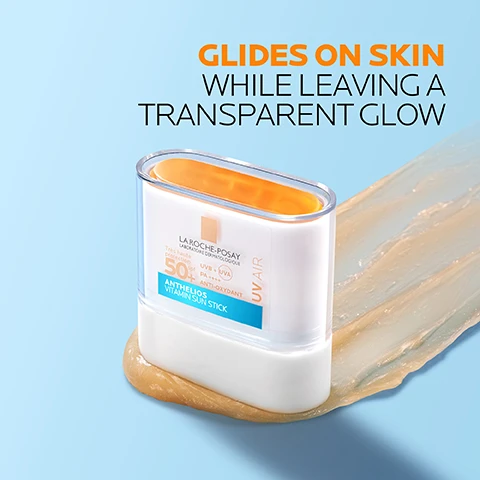 Image 1 - A white La Roche-Posay Anthelios Vitamin Sun Stick with an orange core is shown on a light blue background, having been swiped to leave a transparent glow, with text that reads GLIDES ON SKIN WHILE LEAVING A TRANSPARENT GLOW, and on the product LA ROCHE-POSAY LABORATOIRE DERMATOLOGIQUE Très haute protection 50+ spf UVB + (UVA) PA ++++ ANTI-OXYDANT ANTHELIOS VITAMIN SUN STICK UV AIR. Image 2 - The image shows three numbered skincare products on a light blue background: 1 displays a blue dropper bottle with LA ROCHE-POSAY LABORATOIRE DERMATOLOGIQUE HYALU B5 SERUM SURACTIVÉ CONCENTRÉ ANTI-RIDES RÉPARATEUR REPULPANT ANTI-WRINKLE CONCENTRATE REPAIRING REPLUMPING 4 HYALURONIC ACID SYSTEM + VITAMINE B5, and text below it says HYALU B5 SURACTIVATED SERUM REPAIR & REPLUMP; 2 displays a white sunscreen bottle with LA ROCHE-POSAY LABORATOIRE DERMATOLOGIQUE Très haute protection Very high protection SPF 50+ PA++++ ANTHELIOS UVAIR™ SERUM SUNSCREEN ANTI-OXYDANT, and text below it says ANTHELIOS UVAIR SPF50+ VERY HIGH PROTECTION FOR FACE; 3 displays a white sunscreen stick with LA ROCHE-POSAY LABORATOIRE DERMATOLOGIQUE Très haute protection UVB + (UVA) SPF 50+ PA++++ ANTI-OXYDANT ANTHELIOS VITAMIN SUN STICK UVAIR, and text below it says ANTHELIOS UVAIR VITAMIN SUN STICK SPF50+ FOR EASY REAPPLICATION. Image 3 - A white and orange stick applicator applies a clear, glossy substance onto a textured, peachy-beige and light blue background, with the visible text SMOOTHER, NOURISHED & GLOWY SKIN, EASY REAPPLICATION ON THE GO, AS LIGHT AS AIR STICK. Image 4 - The image shows two panels: the left panel displays a pixelated red, orange, and blue pattern with the text VITAMIN E+ ASTAXATHINE and THIS FORMULA WORKS TO HYDRATE THE SKIN AND HELP PROTECT THE SKIN BARRIER; the right panel shows a diagram of translucent protective layers on a blue background with the text VERY HIGH UVB PROTECTION and BROAD SPECTRUM UV PROTECTION: SPF30 AND UVA PROTECTION. Image 5 - A white La Roche-Posay Anthelios Vitamin Sun Stick SPF50+ sunscreen, labeled La Roche-Posay Laboratoire Dermatologique Très haute protection 50+ spf PA ++++ UVB + (UVA) Anti-Pollution Anthelios Vitamin Sun Stick and Uvair™, is pictured against a background of six vertical skin tone swatches, with large overlay text stating Anthelios Uvair Vitamin Sun Stick SPF50+ Suitable for all skin types. Image 6 - A white La Roche-Posay Anthelios UVair sun stick with a blue label is angled on a light blue background, with visible text reading ANTHELIOS UVAIR VITAMIN SUN STICK SPF50+ FROM 1ST APPLICATION THE FORMULA GIVES A NATURAL FINISH WITH A COMFORTABLE NOURISHMENT TO THE SKIN LA ROCHE-POSAY LABORATOIRE DERMATOLOGIQUE Très haute protection 50+ spf UVB + (UVA) PA++++ ANTHELIOS ANTIOXIDANT VITAMIN SUN STICK UVAIR™. Image 7 - A white and clear La Roche-Posay Anthelios sun stick with an orange interior is shown on a light blue background, with the visible text ANTHELIOS UVAIR VITAMIN SUN STICK SPF50+ RE-APPLY FREQUENTLY AND GENEROUSLY TO MAINTAIN PROTECTION LA ROCHE-POSAY LABORATOIRE DERMATOLOGIQUE Tres haute protection 50+ spf UVB + UVA PA++++ ANTI-OXYDANT ANTHELIOS VITAMIN SUN STICK UVAIR. Image 8 - The image features the LA ROCHE POSAY LABORATOIRE DERMATOLOGIQUE logo, followed by three sections: a blue circular badge with a checkmark and the text BRAND RECOMMENDED BY DERMATOLOGISTS below which is RECOMMENDED BY DERMATOLOGISTS; a blue outline of a face with a hand touching its cheek and the text SUITABLE FOR VERY SENSITIVE SKIN; and an orange outline of a sun with the letters UV and reflective arrows, along with the text PROTECTION AGAINST UVA/UVB.