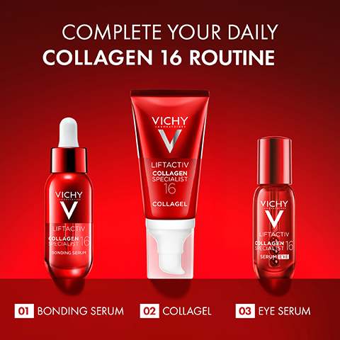 Three red Vichy skincare products are displayed, including a dropper bottle of bonding serum, a tube of collagel, and a dropper bottle of eye serum, with the visible text Complete your daily Collagen 16 routine, Vichy Laboratoires V Liftactiv Collagen Specialist 16 Bonding Serum, Vichy Laboratoires V Liftactiv Collagen Specialist 16 Collagel, Vichy Laboratoires V Liftactiv Collagen Specialist 16 Serum Eye, 01 Bonding Serum, 02 Collagel, 03 Eye Serum.
