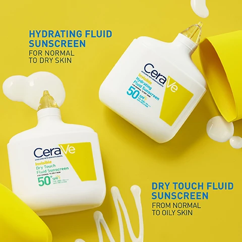 Image 1 - Two white CeraVe sunscreen bottles, one for Hydrating Fluid and one for Dry Touch Fluid, are displayed with white product drips on a bright yellow background, featuring text describing two products: Hydrating Fluid Sunscreen for Normal to Dry Skin and Dry Touch Fluid Sunscreen for Normal to Oily Skin, both from CeraVe, Developed with Dermatologists, Invisible, 50+ SPF, UVB UVA PA++++, and Anti-Pollution. Image 2 - A split image shows skin before and after treatment, with the left side labeled BEFORE showing shiny, textured skin and the right side labeled AFTER showing smoother, matte skin, with the text INVISIBLE FINISH, CeraVe DEVELOPED WITH DERMATOLOGISTS, and UNRETOUCHED also visible. Image 3 - A hand holds a CeraVe Invisible Hydrating Fluid Sunscreen bottle with a yellow cap against a blue background, with text reading IMMEDIATELY PROVIDES PROTECTION AGAINST UVB + UVA AND POLLUTION, WITH 3 ESSENTIAL CERAMIDES, MVE TECHNOLOGY, FRAGRANCE FREE, and on the bottle CeraVe DEVELOPED WITH DERMATOLOGISTS Invisible Hydrating Fluid Sunscreen FOR NORMAL TO DRY SKIN 50 SPF UVB+UVA/PA++++ ANTI-POLLUTION. Image 4 - The image displays a white cream splatter with small drops and three circular icons below it. The first icon has ESSENTIAL 3 CERAMIDES inside and 3 ESSENTIAL CERAMIDES written below. The second icon has MVE technology and All day hydration inside and MVE TECHNOLOGY written below. The third icon has E VITAMIN inside and VITAMIN E written below. Image 5 - Four close-up images show different individuals of various ages and skin tones applying a white cream to their faces, with a blue banner at the bottom displaying the text INVISIBLE ON ALL SKIN TONES TESTED ON ALL PHOTOTYPES.