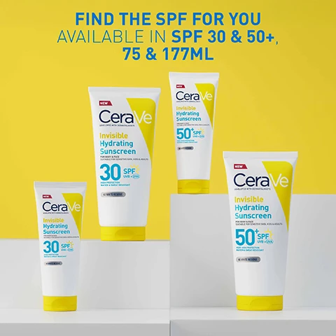 Image 1 - The image features four CeraVe Invisible Hydrating Sunscreen tubes, two smaller 75ml and two larger 177ml, offering SPF 30 and SPF 50+ protection, displayed on white steps against a yellow background, with prominent text stating FIND THE SPF FOR YOU AVAILABLE IN SPF 30 & 50+, 75 & 177ML, and product labels reading NEW CeraVe DEVELOPED WITH DERMATOLOGISTS Invisible Hydrating Sunscreen FOR BODY & FACE SUITABLE FOR SENSITIVE SKIN, KIDS & ADULTS NO WHITE RESIDUE, alongside 30 SPF UVB + UVA HIGH PROTECTION WATER & SWEAT RESISTANT and 50+ SPF UVB + UVA VERY HIGH PROTECTION WATER & SWEAT RESISTANT. Image 2 - A creamy white product swirl is displayed above four blue circular icons illustrating features: 3 ESSENTIAL CERAMIDES, MVE TECHNOLOGY with All day hydration, FAST ABSORBING, and FOR THE WHOLE FAMILY. Image 3 - A split image shows a hand applying a stripe of white cream to skin on the left labelled BEFORE, and then the same skin looking clear and smooth on the right labelled AFTER, with text INVISIBLE FINISH, CeraVe DEVELOPED WITH DERMATOLOGISTS, and UNRETOUCHED. Image 4 - A smiling woman with closed eyes, wearing yellow sunglasses on her head, has a V-shaped smear of sunscreen on her knee, with text reading SUN CARE YOU WANT TO WEAR, ABSORBS IN SECONDS, NON-STICKY, NON-GREASY, NO WHITE MARKS. Image 5 - A smiling woman with braided hair holds a white tube of CeraVe Invisible Hydrating Sunscreen SPF 30 against a blue sky, with the product text reading NEW DEVELOPED WITH DERMATOLOGISTS Invisible Hydrating Sunscreen FOR BODY & FACE SUITABLE FOR SENSITIVE SKIN 30 SPF UVB + UVA PA+++ HIGH PROTECTION WATER & SWEAT RESISTANT NO WHITE RESIDUE, and a blue overlay on the left with white text stating 24HR HYDRATION HELPS PROTECT + STRENGTHEN THE SKIN BARRIER.