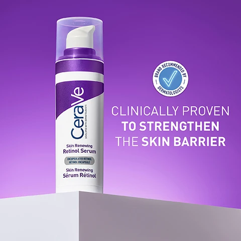 Image 1 - An image displays a white and purple CeraVe Skin Renewing Retinol Serum bottle with a pump dispenser, resting on a white block against a vibrant purple background, with visible text on the bottle CeraVe DEVELOPED WITH DERMATOLOGISTS Skin Renewing Retinol Serum ENCAPSULATED RETINOL RÉTINOL ENCAPSULÉ Skin Renewing Sérum Rétinol, a circular blue badge with a checkmark and the words BRAND RECOMMENDED BY DERMATOLOGISTS, and large white text on the right side of the image reading CLINICALLY PROVEN TO STRENGTHEN THE SKIN BARRIER. Image 2 - Close-up of a persons face with cream applied to the skin, featuring a blue banner with the text SUITABLE FOR ALL SKIN TYPES, INCLUDING SENSITIVE SKIN.