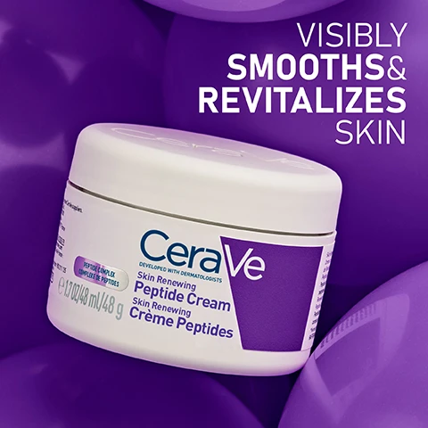 Image 1 - A white CeraVe Skin Renewing Peptide Cream jar with a purple label and lid is placed on a purple background, with the text VISIBLY SMOOTHS & REVITALIZES SKIN in white, and the jar label reads CeraVe DEVELOPED WITH DERMATOLOGISTS Skin Renewing Peptide Cream Skin Renewing Crème Peptides e 1.7 OZ / 48 mL / 48 g PEPTIDE COMPLEX COMPLEXE DE PEPTIDES. Image 2 - A creamy white substance is swiped on a white background, above three blue informational icons: the first shows a molecular structure with the text PEPTIDE COMPLEX below it; the second shows a number 3 surrounded by the text ESSENTIAL CERAMIDES, with 3 ESSENTIAL CERAMIDES below it; and the third shows the text MVE technology with All day hydration curved around it, with MVE DELIVERY TECHNOLOGY below it. Image 3 - The image shows three CeraVe products for a skincare routine: a large Foaming Cleanser bottle on the left, a Skin Renewing Retinol Serum bottle in the middle, and a Skin Renewing Peptide Cream jar on the right next to a rolled white towel, with visible text reading ADD SKIN RENEWING TO YOUR CERAVE ROUTINE, CLEANSE, SMOOTH, FIRM, CeraVe Foaming Cleanser For Normal to Oily Skin 16 FL OZ/473 ML Gel Moussant Peaux Normales à Grasses, CeraVe Skin Renewing Retinol Serum, and CeraVe Skin Renewing Peptide Cream e 1.7 OZ/48 g Crème Peptides.