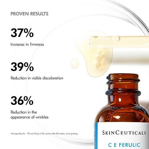 Image 1 - The image features a Skinceuticals CE Ferulic serum bottle and dropper with golden liquid, alongside text stating PROVEN RESULTS: 37% Increase in firmness, 39% Reduction in visible discoloration, 36% Reduction in the appearance of wrinkles, and *Average Results – Clinical Study of 52 woman after 20 weeks, visual grading. Image 2 - The image displays key ingredients for a skincare product, showing a dropper dispensing a yellow serum into a petri dish with multiple drops, and text detailing the benefits of KEY INGREDIENTS 15% PURE VITAMIN C (L-ascorbic acid) This potent form of vitamin C helps neutralize free radicals and protect against oxidative stress while providing visible anti-aging benefits. 1% VITAMIN E (Alpha tocopherol) The pure form of vitamin E, this powerful antioxidant neutralizes free radicals and replenishes skin lipids. 0.5% FERULIC ACID A powerful plant-based antioxidant that neutralizes free radicals and complements the antioxidant benefits of vitamins C and E. Image 3 - The image displays drops of light yellow serum liquid on a white background, alongside text that reads AT A GLANCE, Texture: Fast-absorbing serum, Skin Type: Normal, Dry, Combination, Sensitive. Image 4 - The image displays product application steps, showing a hand dispensing yellow serum from a dropper onto a persons chest, followed by a close-up of a hand gently pressing product onto a persons cheek. The visible text reads: HOW TO APPLY Step 1 In the morning after cleansing, dispense 4-5 drops into clean hands. Step 2 Gently press into skin on the face, neck, and décolletage. Follow with any other skincare products and sunscreen. Image 5 - A four-panel image shows close-ups of people with light, medium, and dark skin tones, each having a dropper apply a serum to their cheek, followed by the text Visibly reverses 8 signs of ageing for all skin tones. Image 6 - The image shows a four-step morning skincare regimen titled COMPLETE THE MORNING REGIMEN, beginning with Step 1 PREVENT, a brown dropper bottle of Skinceuticals C E Ferulic High Potency Triple Antioxidant Treatment with 15% L-Ascorbic Acid, 1% Alpha Tocopherol, and 0.5% Ferulic Acid Prevent 30 ml / 1 fl oz; followed by Step 2 CORRECT, a purple dropper bottle of Skinceuticals HA Intensifier Multi-Glycan Multi-Dimensional Volumizing Serum to Plump and Contour Sérum Volumisant Multidimensionnel Pour Repulper et Définir Les Contours Correct / Corriger e 30 ml / 1 fl oz; then Step 3 CORRECT, a white jar of Skinceuticals Triple Lipid Restore 2:4:2 Anti-Aging Lipid Replenishment Treatment 2% Ceramides | 4% Cholesterol | 2% Fatty Acids Correct 48 ml / 1.6 fl oz; and concluding with Step 4 PROTECT, a light blue tube of Skinceuticals Ultra Facial UV Defense Sunscreen Broad Spectrum SPF 50 High Protection UVA/UVB UVA Moisturizes Lotion Protect e 30 ml / 1 fl oz.