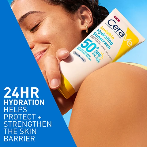 Image 1 - A smiling woman with closed eyes holds a white and yellow CeraVe Invisible Hydrating Sunscreen tube, with the product label reading NEW CeraVe DEVELOPED WITH DERMATOLOGISTS Invisible Hydrating Sunscreen FOR BODY & FACE SUITABLE FOR SENSITIVE SKIN, KIDS & ADULTS 50+ SPF UVB + UVA VERY HIGH PROTECTION WATER & SWEAT RESISTANT NO WHITE RESIDUE, while a blue overlay displays 24HR HYDRATION HELPS PROTECT + STRENGTHEN THE SKIN BARRIER. Image 2 - A young woman with yellow sunglasses on her head applies white sunscreen in a checkmark shape to her leg, smiling with her eyes closed against a yellow and blue background, with the text Sun Care You Want To Wear, Absorbs in Seconds, Non-Sticky, Non-Greasy, No White Marks. Image 3 - Four white and yellow CeraVe Invisible Hydrating Sunscreen tubes, two with SPF 30 and two with SPF 50+, are arranged on white platforms against a bright yellow background; the image prominently displays the text FIND THE SPF FOR YOU AVAILABLE IN SPF 30 & 50+, 75 & 177ML, and each tube features NEW CeraVe DEVELOPED WITH DERMATOLOGISTS Invisible Hydrating Sunscreen FOR BODY & FACE SUITABLE FOR SENSITIVE SKIN, KIDS & ADULTS, followed by either 30 SPF UVB + UVA HIGH PROTECTION WATER & SWEAT RESISTANT NO WHITE RESIDUE or 50+ SPF UVB + UVA VERY HIGH PROTECTION WATER & SWEAT RESISTANT NO WHITE RESIDUE. Image 4 - A creamy white swatch of product is presented above four blue circular icons: the first details 3 ESSENTIAL CERAMIDES, the second highlights MVE TECHNOLOGY for All day hydration, the third visually represents FAST ABSORBING with a dripping droplet, and the fourth features a family outline for FOR THE WHOLE FAMILY. Image 5 - A split image shows a persons arm with a white cream streak on the skin labeled BEFORE on the left, and clear, smooth skin labeled AFTER on the right, accompanied by the texts INVISIBLE FINISH, CeraVe DEVELOPED WITH DERMATOLOGISTS, and UNRETOUCHED. Image 6 - A white CeraVe sunscreen tube with a yellow cap and top label, featuring a blue circular badge on the right, displaying text NEW CeraVe DEVELOPED WITH DERMATOLOGISTS Invisible Hydrating Sunscreen FOR BODY & FACE SUITABLE FOR SENSITIVE SKIN, KIDS & ADULTS 50+ SPF UVB+UVA VERY HIGH PROTECTION WATER & SWEAT RESISTANT NO WHITE RESIDUE, and the badge text Brand Recommended By Dermatologists.