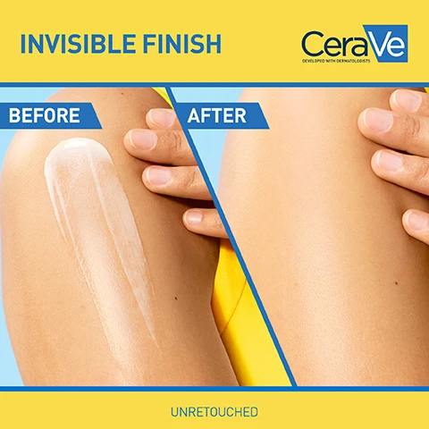 Image 1 - A split-screen image shows skin before and after product application, with a thick stripe of white cream on the left arm labeled BEFORE, and clear smooth skin on the right arm labeled AFTER, with additional text reading INVISIBLE FINISH, CeraVe DEVELOPED WITH DERMATOLOGISTS, and UNRETOUCHED. Image 2 - A smiling woman with closed eyes and yellow sunglasses on her head has a V-shaped sunscreen mark on her leg, with text that reads SUN CARE YOU WANT TO WEAR, ABSORBS IN SECONDS, NON-STICKY, NON-GREASY, and NO WHITE MARKS. Image 3 - The image shows four white CeraVe Invisible Hydrating Sunscreen tubes with yellow caps and bases, two displaying SPF 30 and two displaying SPF 50+, arranged on white platforms against a bright yellow background, with the prominent text FIND THE SPF FOR YOU AVAILABLE IN SPF 30 & 50+, 75 & 177ML, and the tubes further feature NEW CeraVe DEVELOPED WITH DERMATOLOGISTS Invisible Hydrating Sunscreen FOR BODY & FACE SUITABLE FOR SENSITIVE SKIN, KIDS & ADULTS UVB + UVA WATER & SWEAT RESISTANT NO WHITE RESIDUE, with the SPF 30 tubes specifying 30 SPF HIGH PROTECTION, and the SPF 50+ tubes stating 50+ SPF VERY HIGH PROTECTION. Image 4 - A thick white cream smear is displayed above four vertical informational sections, each with a blue circular icon and text, which include ESSENTIAL 3 CERAMIDES, 3 ESSENTIAL CERAMIDES, MVE technology, All day hydration, MVE TECHNOLOGY, FAST ABSORBING, and FOR THE WHOLE FAMILY. Image 5 - A woman with her eyes closed and a slight smile holds a CeraVe Invisible Hydrating Sunscreen tube with text that reads NEW CeraVe DEVELOPED WITH DERMATOLOGISTS Invisible Hydrating Sunscreen FOR BODY & FACE SUITABLE FOR SENSITIVE SKIN, KIDS & ADULTS 50+ SPF UVB+(UVA) VERY HIGH PROTECTION WATER & SWEAT RESISTANT NO WHITE RESIDUE, while a blue overlay in the bottom left corner displays text 24HR HYDRATION HELPS PROTECT + STRENGTHEN THE SKIN BARRIER.