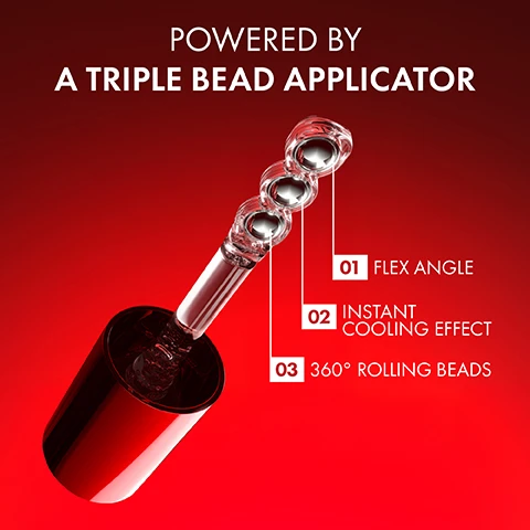 Image 1 - A product applicator with three clear, spherical rolling beads on a stem attached to a red base, with text describing its features: POWERED BY A TRIPLE BEAD APPLICATOR, 01 FLEX ANGLE, 02 INSTANT COOLING EFFECT, 03 360° ROLLING BEADS. Image 2 - A red serum bottle and its separated applicator, from which a drop of clear serum hangs, lie on a reflective red surface with some red serum spilled, accompanied by the text CLEAR SERUM TEXTURE, FRESH AND COOLING SENSATION ON THE SKIN, Vichy LABORATOIRES, LIFTACTIV, COLLAGEN SPECIALIST, SERUM. Image 3 - The image displays a red background with a three-step eye massage guide on the left featuring diagrams, and two red serum bottles with droppers on the right, with visible text reading COLLAGEN BOOSTING MASSAGE CO-BONDINGTECHNOLOGY STEP 01 DO CIRCULAR MOVEMENTS STEP 02 STRETCH & COUNTER SWIPE STEP 03 PRESS ON 10 KEY POINTS and on the bottles VICHY LABORATOIRES LIFTACTIV COLLAGEN SPECIALIST 16 SERUM EYE. Image 4 - A red background displays three red Vichy Liftactiv Collagen Specialist 16 products including a bonding serum with a dropper releasing a drop, a day cream, and an eye serum, with text reading COMPLETE YOUR DAILY COLLAGEN 16 ROUTINE, and numbered labels 01 BONDING SERUM, 02 DAY CREAM, 03 EYE SERUM.