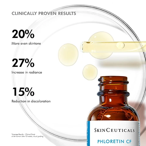 Image 1 - The image displays a brown dropper bottle of Skinceuticals Phloretin CF serum, with a pipette dispensing yellow liquid into a petri dish, alongside text stating Clinically Proven Results, 20% More even skintone, 27% Increase in radiance, 15% Reduction in discoloration, and *Average Results – Clinical Study of 64 women after 12 weeks, visual grading. Image 2 - A black dropper dispenses yellow liquid into a petri dish with several drops, alongside text listing key ingredients and their benefits: KEY INGREDIENTS 10% PURE VITAMIN C This potent form of Vitamin C helps neutralize free radicals and protect against oxidative stress while providing visible anti-aging benefits. 2% PHLORETIN Derived from apples and the root bark of fruit trees including apple, pear, and grapefruit, this antioxidant serum neutralizes damaging free radicals. 0.5% FERULIC ACID A powerful, plant-based antioxidant that neutralizes free radicals and complements the antioxidant benefits of Vitamin C. Image 3 - A two-panel image illustrating skincare application steps, with the top panel showing a person with dark skin dispensing golden liquid from a dropper bottle onto their chest, and the bottom panel showing the person gently pressing product onto their cheek; the text reads HOW TO APPLY, STEP 1 In the morning after cleansing, dispense 4-5 drops into clean hands, STEP 2 Gently press into skin on the face, neck, and décolletage (may also be used on tops of hands). Follow with any other skincare products and sunscreen. Image 4 - A close-up of a persons face showing a dropper applying a drop of yellowish serum to their cheek, with text overlaying the image that reads Reduces visible discolouration + provides environmental protection. Image 5 - The image shows a four-step morning skincare regimen featuring products from Skinceuticals, starting with an amber dropper bottle, followed by a purple dropper bottle, a white jar, and a silver and blue tube, with the text: COMPLETE THE MORNING REGIMEN, STEP 1 PREVENT PHLORETIN CF, SKINCEUTICALS PHLORETIN CF HIGH PERFORMANCE BROAD-ACTION ANTIOXIDANT TREATMENT WITH 2% PHLORETIN, 10% L-ASCORBIC ACID, AND 0.5% FERULIC ACID PREVENT 30 ml / 1 fl oz, STEP 2 CORRECT HA INTENSIFIER MULTI-GLYCAN, SKINCEUTICALS HA INTENSIFIER MULTI-GLYCAN MULTI-DIMENSIONAL VOLUMIZING SERUM TO PLUMP AND CONTOUR SÉRUM VOLUMISANT MULTIDIMENSIONNEL POUR REPULPER ET DÉFINIR LES CONTOURS CORRECT / CORRIGER e 30 ml / 1 fl oz, STEP 3 MOISTURIZE DAILY MOISTURE, SKINCEUTICALS DAILY MOISTURE LIGHTWEIGHT PORE-MINIMIZING MOISTURIZER FOR NORMAL OR OILY SKIN MOISTURIZE 60 ml / 2 fl oz, STEP 4 PROTECT ADVANCED BRIGHTENING UV DEFENSE SPF 50, 50 SKINCEUTICALS ADVANCED BRIGHTENING UV DEFENSE SUNSCREEN BROAD SPECTRUM SPF 50 HIGH PROTECTION UVA/UVB UVA REDUCES VISIBLE DISCOLORATION TESTED POST PROCEDURE LOTION PROTECT e 40 ml / 1.3 fl oz.