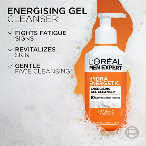Image 2 - A white and orange pump bottle of LOréal Men Expert cleanser is shown amidst foam with text reading Energising Gel Cleanser, Fights Fatigue Signs, Revitalizes Skin, Gentle Face Cleansing, LOréal Paris Men Expert, Hydra Energetic Energising Gel Cleanser, 10 Dullness signs reduced, Vitamin C + Ceramides, Fatigued & Dull Skin, and a registered trademark symbol. Image 3 - A man with a beard holds an orange and white bottle of LOréal Men Expert Hydra Energetic Energising Gel Cleanser, for dull and tired skin, 10 dullness signs reduced, Vitamin C + Ceramides, in front of an orange background, with the text LOréal Paris Men Expert, 10 SIGNS OF FATIGUE VISIBLY REDUCED, and WERE WORTH IT. Image 5 - A healthy-looking man with blue eyes and light stubble beard smiles, wearing a black turtleneck against an orange background, with text that reads VISIBLY REDUCES SIGNS OF FATIGUE & DULLNESS. Image 6 - An image displaying a LOréal Men Expert Anti-Fatigue Routine with two products: an orange and white pump bottle for cleansing and a smaller grey and orange bottle for moisturizing, with visible text reading ANTI-FATIGUE ROUTINE 1 CLEANSER LORÉAL PARIS MEN EXPERT HYDRA ENERGETIC ENERGISING GEL CLEANSER 10 Dullness signs reduced VITAMIN C + CERAMIDES FATIGUED & DULL SKIN 2 MOISTURISER LORÉAL MEN EXPERT HYDRA ENERGETIC ANTI-FATIGUE 24H MOISTURISER VITAMIN C + PROTEINS. Image 7 - Three LOréal Men Expert gel cleanser bottles, a green Derma Control, an orange Hydra Energetic, and a blue Power Age, are displayed in white foam with the text CHOOSE YOUR CLEANSER DERMA CONTROL PURIFYING LORÉAL MEN EXPERT DERMA CONTROL PURIFYING GEL CLEANSER Clean pores, remove excess oil & blemishes 2% SALICYLIC ACID + NIACINAMIDE BLEMISH-PRONE SKIN HYDRA ENERGETIC ENERGISING LORÉAL MEN EXPERT HYDRA ENERGETIC ENERGISING GEL CLEANSER 10 Dullness signs reduced VITAMIN C + CERAMIDES FATIGUED & DULL SKIN POWER AGE HYDRATING LORÉAL MEN EXPERT POWER AGE HYDRATING GEL CLEANSER 5 Dryness signs reduced HYALURONIC ACID + PRO-VITAMIN B5 NORMAL TO DRY SKIN.