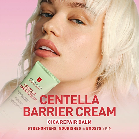 Image 4 - A person with blonde hair holds an Erborian Centella Barrier Cream tube near their face, with the overlay text Centella Barrier Cream Cica Repair Balm Strengthens, Nourishes & Boosts Skin. Image 5 - A young woman with bangs smiles while applying white cream dots to her face, which has some redness on her cheeks, with text that reads STRENGTHENS THE SKIN BARRIER IN 30 MINUTES*, INTENSELY NOURISHES, BOOSTS SKIN REPAIR, IMPROVES SKINS RESISTANCE TO EXTERNAL AGGRESSORS, FOR ALL SKIN TYPES, EVEN SENSITIVE, *Efficacy test on 19 volunteers. Image 6 - A light green Erborian Centella Barrier Cream tube rests on a green lotus leaf against a pink and green background with red lines pointing to product information: CERAMIDES LIPIDS TO MOISTURISE & STRENGTHEN THE SKIN BARRIER, 2% CENTELLA ASIATICA SOOTHES THE SKIN FOR MORE COMFORT, 88% NATURAL ORIGIN INGREDIENTS, FRAGRANCE-FREE VEGAN, PANTHENOL B5 VITAMIN TO SOOTHE THE SKIN, erborian KOREAN SKIN THERAPY CENTELLA BARRIER CREAM BAUME CICA-RÉPARATEUR CICA REPAIR BALM RÉPARATION EXPRESS SKIN REPAIR CENTELLA ASIATICA 2% + CERAMIDES 50 ML - NET WT 1.7 OZ. Image 7 - A young woman with dark hair, wearing a pink jacket and tights, holds up a light green tube of Centella Barrier Cream with a surprised expression, alongside text that reads IN 30 MINUTES SKIN BARRIER IS STRENGTHENED (1) FROM 7 DAYS 94% (2) OF CONSUMERS SAY THEIR DRY AREAS ARE REDUCED (1) Efficacy test on 19 volunteers. (2) Consumer test on 33 volunteers. Image 8 - An infographic compares two green Erborian Centella cream tubes, floating above lily pads on a pink and green background, posing the question WHICH CREAM TO CHOOSE? The product on the left, identified as Erborian KOREAN SKIN THERAPY CENTELLA BARRIER CREAM BAUME CICA RÉPARATEUR CICA REPAIR BALM SOIN QUOTIDIEN CENTELLA ASIATICA 1% + CERAMIDES 50ML - NET WT 1.7OZ, is for REPAIRS, featuring RICH TEXTURE for NORMAL TO DRY SKIN, AM & PM USE, and is WITHOUT PERFUME & SILICONES, while the product on the right, Erborian KOREAN SKIN THERAPY CENTELLA CRÈME CRÈME HYDRATANTE APAISANTE SOOTHING MOISTURIZING CREAM SOIN QUOTIDIEN CENTELLA ASIATICA 1% + ACIDE HYALURONIQUE 50ML - NET WT 1.7OZ, is for SOOTHES, offering LIGHT TEXTURE for NORMAL TO COMBINATION SKIN, AM & PM USE, and is WITHOUT SILICONES. Image 9 - The image features four light green Erborian Centella skincare products, including two tubes, one pump bottle, and one dropper bottle, arranged on green lily pads against a pink and light green gradient background, with the text Centella Redness Range, CC Red Correct Colour Correcting Cream, Centella Barrier Cream Cica Repair Balm, Centella Crème Soothing Moisturizing Cream, and Centella Red Serum Immediate Relief Concentrate.