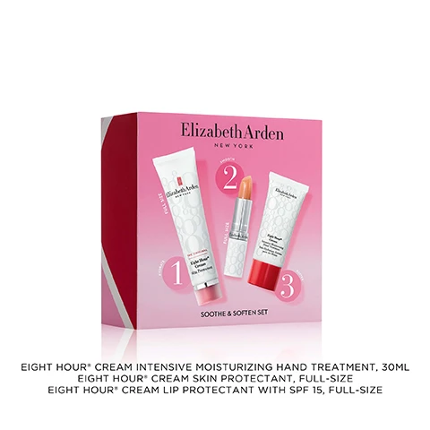 Image 1 - A pink Elizabeth Arden gift set displays three products: a white tube of Skin Protectant, an orange lip balm stick, and a white and red tube of Hand Treatment, with visible text Elizabeth Arden NEW YORK SOOTHE & SOFTEN SET, HYDRATE 1 FULL SIZE THE ORIGINAL Eight Hour Cream Skin Protectant, SMOOTH 2 FULL SIZE Elizabeth Arden, and SOFTEN 3 Elizabeth Arden NEW YORK Eight Hour Cream Intensive Moisturizing Hand Treatment Soin Hydratant Intense pour les Mains. Image 2 - A white Elizabeth Arden Eight Hour Cream Skin Protectant tube with a silver and red cap is centered against a light grey background with a peach-colored cream swatch, featuring the text Clinically improves skins barrier function in 30 MINUTES* Elizabeth Arden NEW YORK THE ORIGINAL Eight Hour Cream Skin Protectant *Based on a clinical study of 14 women from the ages of 18-65. Image 3 - A white Elizabeth Arden Eight Hour Cream tube with a red cap lies diagonally on a white background with cream smears, displaying text that reads: Moisturizes All Day, 98% saw improved signs of dryness & cracking*, Elizabeth Arden NEW YORK, Eight Hour® Cream, Intensive Moisturizing Hand Treatment, Soin Hydratant Intense pour les Mains, and *Based on a 2-week consumer study of 52 participants. Image 4 - A peachy-orange lip balm stick and its white cap are displayed next to glossy swatches of the product on a white background, with text that reads Shields & Softens, 100% agree lips instantly feel smoother*, and Elizabeth Arden on the lip balm, followed by a footnote *Based on a consumer study of 42 participants. Image 5 - A white Elizabeth Arden Eight Hour Cream Skin Protectant tube stands next to a list of benefits that reads: Skin Protectant Benefits, All-over moisture, Shines lips & cheeks, Soothes dry hands, Protects cuts & scrapes, Tames hair & eyebrows, Supports skin barrier, Relieves chapping, Smooths cuticles, with Elizabeth Arden NEW YORK, THE ORIGINAL, Eight Hour Cream, and Skin Protectant also printed on the tube. Image 6 - A white tube of Elizabeth Arden Eight Hour Cream with a red cap is displayed alongside a list of benefits, which include Hand Treatment Benefits, All-day hydration, Softens, Smooths, Supports barrier, Soothes, Improves dryness, Fast-absorbing, Non-greasy, Elizabeth Arden NEW YORK, Eight Hour Cream, Intensive Moisturizing Hand Treatment, and Soin Hydratant Intense pour les Mains.