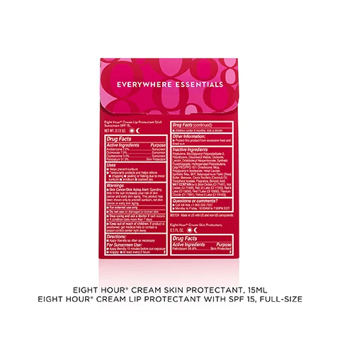 Image 1 - A magenta and pink product box, angled to reveal its top surface with a repeating circular pattern and two side panels covered in product information, shows the text EVERYWHERE ESSENTIALS Eight Hour (R) Cream Lip Protectant Stick Sunscreen SPF 15, NET WT. 0.13 OZ. Drug Facts Active Ingredients Purpose Avobenzone 2.0% Sunscreen, Octinoxate 7.5% Sunscreen, Oxybenzone 3.0% Sunscreen, Petrolatum 31.0% Skin Protectant Uses Helps prevent sunburn, Temporarily protects and helps relieve chapping, peeling or flaking due to minor sunburn, windburn, cracked lips Warnings Skin Cancer/Skin Aging Alert: Spending time in the sun increases your risk of skin cancer and early skin aging. This product has been shown only to prevent sunburn, not skin cancer or early skin aging. For external use only. Do not use on damaged or broken skin. Stop using and ask a doctor if rash occurs or if condition lasts more than 7 days. Keep out of reach of children. If product is swallowed, get medical help or contact a poison control center right away. Directions Apply liberally as often as necessary. For Sunscreen Use Apply liberally 15 minutes before sun exposure. Reapply at least every 2 hours. Drug Facts (continued) children under 6 months: Ask a doctor. Other Information Protect this product from excessive heat and direct sun. Inactive Ingredients Polybutene, Bis-Diglyceryl Polyacyladipate-2, Polyethylene, Diisostearyl Malate, Ozokerite, Lanolin, Octyldodecyl Neopentanoate, Synthetic Fluorphlogopite, Hydrogenated Polyisobutene, Cetyl PEG/PPG-10/1 Dimethicone, Mica, Polyglyceryl-4 Isostearate, Hexyl Laurate, Synthetic Wax, BHT, Butyrospermum Parkii (Shea) Butter, Beeswax, Cocos Nucifera (Coconut) Oil, Tocopheryl Acetate, Fragrance, Benzoic Acid. MAY CONTAIN (+/-): [Iron Oxides (CI 77491), Iron Oxides (CI 77499), Red 33 Lake (CI 17200), Red 6 Lake (CI 15850), Red 7 Lake (CI 15850), Titanium Dioxide (CI 77891), Yellow 5 Lake (CI 19140)]. Questions or comments? Call toll free +1-800-326-7337. Monday to Friday, 10:00AM to 7:00PM EST. B02124 Made in US with US and non-US components. Eight Hour (R) Cream Skin Protectant, 0.5 FL. OZ. Drug Facts Active Ingredients Purpose Petrolatum 56.8% Skin Protectant. Image 2 - A white Elizabeth Arden Eight Hour Cream tube with a red cap stands against a light background with an orange swatch, alongside the text Clinically improves skins barrier function in 30 MINUTES* and the disclaimer *Based on a clinical study of 14 women from the ages of 18-65. Image 3 - The image displays Skin Protectant Benefits with a list of eight advantages: All-over moisture, Shines lips & cheeks, Soothes dry hands, Protects cuts & scrapes, Tames hair & eyebrows, Supports skin barrier, Relieves chapping, Smooths cuticles, alongside a white and red tube of cream that reads Elizabeth Arden NEW YORK, THE ORIGINAL LORIGINAL, Eight Hour Cream, Skin Protectant, Baume Apaisant Réparateur. Image 4 - A list of Lip Protectant Benefits is displayed next to a tube of peach-tinted Elizabeth Arden lip product, with the benefits listed as Hydrates all day, Protects with SPF 15, Fights free radicals, Relieves chapping, Shines, Softens, Smooths, and Primes.
