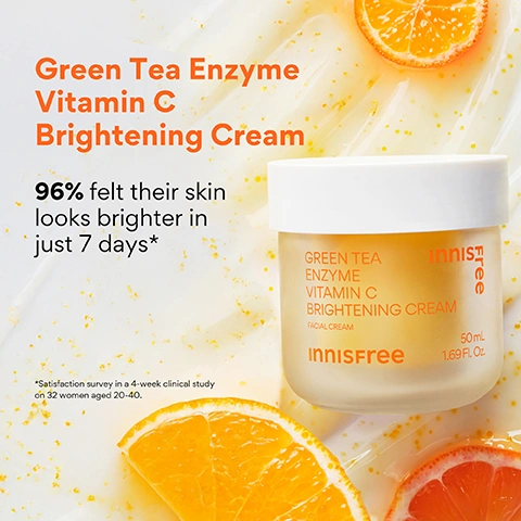 Image 1 - A jar of skincare cream with a white lid, filled with a yellowish product, is positioned on a white, wavy, creamy surface, surrounded by several orange fruit slices and small orange speckles, alongside text that reads Green Tea Enzyme Vitamin C Brightening Cream, 96% felt their skin looks brighter in just 7 days*, *Satisfaction survey in a 4-week clinical study on 32 women aged 20-40, and on the jar, GREEN TEA ENZYME VITAMIN C BRIGHTENING CREAM FACIAL CREAM innisfree 50mL 1.69 FL.OZ. Image 2 - A person with dark hair holds a jar of Innisfree cream, with an orange background containing text Who + What is this good for? Dryness, Dark spots + sun spots, Dullness + uneven texture, and the jar label reads Innisfree GREEN TEA ENZYME VITAMIN C BRIGHTENING CREAM 50ml 1.69 FL.OZ. Image 3 - A split image compares a persons forehead before and after treatment, with the top section labeled BEFORE showing darker, less radiant skin, and the bottom section labeled AFTER 4 WEEKS showing visibly brighter, more even skin, displaying a product jar for INNISFREE GREEN TEA ENZYME VITAMIN C BRIGHTENING CREAM 50mL 1.69 FL.OZ., and text that states UNRETOUCHED, Illustrative picture - Clinical study on 20 volunteers 2 application per day on the face for 4 weeks, and COMPLEXION IS VISIBLY BRIGHTER. Image 4 - A jar of Innisfree Green Tea Enzyme Vitamin C Brightening Cream rests on orange peels against an orange background, with accompanying text: Whats in it? Vitamin C, E & Ferulic Acid Brighten & help visibly fade dark spots Hyaluronic Acid + Squalane Hydrate Green Tea-derived enzyme Gently Exfoliates Niacinamide Even tone, and on the jar Innisfree GREEN TEA ENZYME VITAMIN C BRIGHTENING CREAM FACIAL CREAM Innisfree 50mL 1.69 FL. OZ. Image 5 - A jar of Innisfree Green Tea Enzyme Vitamin C Brightening Cream with a dollop of yellow cream sits on a halved orange, with text on the jar reading: GREEN TEA ENZYME VITAMIN C BRIGHTENING CREAM FACIAL CREAM innisfree, and accompanying text describing results: After 1 week 100% Felt it didnt irritate skin* After 4 weeks 96% felt the under-eye dark circles look visibly brighter* 96% Saw fewer dark spots + post-breakout marks* 100% Felt it layered well under sunscreen* *Self-assessment in a 4-week clinical study on 32 women aged 20-40. Image 6 - Close-up of an eye with a clear, orange-speckled gel applied to the under-eye area, with text that reads BRIGHTEN UNDER EYE CIRCLES, After 4 weeks, 96% felt the under-eye dark circles look visibly brighter*, and *Self-assessment from a 4-week clinical study, 32 women, aged 20-40. Image 7 - A person applies a yellow-orange gel with small particles to their cheek with their finger, with text on an orange background that reads How to use, Apply after serum step, Smooth a dime-sized amount onto face + neck, Use AM + PM.