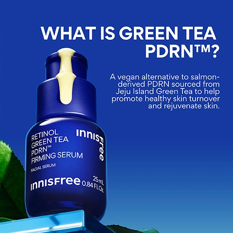 Image 1 - A blue Innisfree serum bottle with a yellow drop on top is displayed against a blue background with green foliage, featuring text that asks What is Green Tea PDRN™? followed by A vegan alternative to salmon-derived PDRN sourced from Jeju Island Green Tea to help promote healthy skin turnover and rejuvenate skin, and the bottle label reads Retinol Green Tea PDRN™ Firming Serum Facial Serum innisfree 0.84 FL.OZ 25mL. Image 2 - A blue Innisfree serum bottle with green tea leaves and serum drops floating on a blue background, displaying text that lists ingredients and product details: Green Tea PDRN Helps promote healthy skin turnover and rejuvenates skin, 1% Triple Retinol Complex Blend of dual retinoids that gently delivers more anti-ageing benefits than traditional retinol, Low Molecular Hyaluronic Acid Delivers intense and lasting hydration, Green Tea Peptides Soothe the skin, and on the bottle Innisfree Retinol Green Tea PDRN Firming Serum Facial Serum 25mL 0.84 FL.Oz. Image 3 - A blue Innisfree serum bottle with green leaves on a blue background is shown, labeled Retinol Green Tea PDRN Firming Serum Facial Serum 25mL 0.84 FL.Oz., alongside text detailing results: After 3 days 100% Felt skin texture improved and skin looked firmer*; After 1 week 93% Felt that the appearance of fine lines and wrinkles are less noticeable*; and After 4 weeks there was a -23% Depth reduction of nasolabial folds**, -21% Depth reduction of crows feet**, and -14% Depth reduction of forehead wrinkles**. Image 4 - A persons smiling face with freckles holds a blue Innisfree serum bottle labeled Retinol Green Tea PDRN Firming Serum Facial Serum 25mL 0.84 FL.OZ., with overlay text FOR ALL SKIN TYPES, SENSITIVE & ACNE-PRONE SKIN. Image 5 - A hand dispenses a light yellow serum from a dark blue Innisfree bottle onto a finger, with instructions Apply 1-2 Pumps Daily Use AM & PM Follow with SPF in the AM.