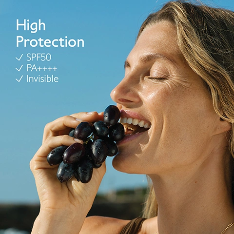 Image 1 - A woman with tanned skin smiles with her eyes closed while holding a bunch of dark grapes near her mouth against a blue sky, with text that reads High Protection, SPF50, PA++++, Invisible. Image 10 - A hand holds a dark blue and a teal plastic bottle against a blue sky, with text that reads Caudalie collects and recycles as much plastic waste from the ocean as it generates as a brand and 100% OCEAN PLASTIC COLLECT. Image 2 - A woman in a bikini top holds a child wearing sunglasses and a yellow top at the beach, while holding a yellow sunscreen bottle labeled CALDIAL 50, with overlay text saying Suitable for children and babies. Image 3 - A persons wet back with droplets of water on their skin and wet hair, wearing a black swimsuit, with the text Face & body Invisible & non-sticky. Image 4 - A yellow Caudalie sunscreen spray bottle sits on sand against a blurred ocean background, displaying the text: CollagenSkin Protect™ Antioxidant, preserve the skins collagen, CAUDALIE PARIS, grape logo, 50 PA++++ SPF UVB+ UVA Spray Invisible Haute Protection Texture légère et hydratante Résiste à leau. Visage & Corps. Invisible High Protection Spray Light and moisturizing texture Water-resistant. Face & Body. Adultes, enfants, bébés. Adults, children, babies, and 4 organic sunscreen filters Optimal broad-spectrum protection against UVA and UVB rays. Image 5 - A smiling woman with wet hair has a dollop of white cream on her cheek with a blue sky and water in the background, text reads Water-resistant. Image 6 - A yellow Caudalie sunscreen spray bottle with a bunch of grapes and two coconuts, one halved, rests on a textured surface, accompanied by the text New addictive sunny fragrance CAUDALIE PARIS 50 PA++++ SPF UVB+UVA Spray Invisible Haute Protection Texture légère et hydratante Résiste à leau. Visage & Corps Invisible High Protection Spray Light and moisturizing texture Water-resistant. Face & Body Adultes, enfants, bébés Adults, children, babies 150 ml - 5 Fl. Oz. Image 7 - The image displays two Caudalie sunscreens side by side, a yellow spray bottle on a white background and a yellow-capped clear bottle on a yellow background, with the visible text Invisible High Protection Spray Benefit: Invisible high protection Texture: Light & moisturising Perfect for: Face & body and Very High Protection Sun Water Benefit: Invisible very high protection Texture: Light watery Perfect for: Body, face & hair. Image 8 - Seven Caudalie brand sun protection products, including a stick, two tubes of cream, and four spray bottles, are arranged on a light-colored surface against a blue wooden background, with visible text reading Suncare collection, Face protection, Face & body protection, Caudalie, PARIS, SPF 50+, Crème Très Haute Protection, Very High Protection Cream, UVA UVB, SPF 30, Spray Invisible Haute Protection, Invisible High Protection Spray, SPF 50, De Soleil Très Haute Protection, Huile Solaire. Image 9 - The image shows a graphic illustrating how to recycle a Suncare Spray SPF50 bottle, with the cap and pump separated from the main bottle, accompanied by instructions How to recycle Suncare Spray SPF50 Remove the pump and the cap, and recycle them with Terracycle at a Caudalie Boutique Spa Recycle the bottle in the recycling bin.