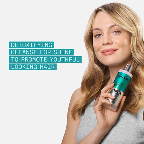 Image 1 - A smiling blonde woman holds a Nioxin Age Defense shampoo bottle, with the text DETOXIFYING CLEANSE FOR SHINE TO PROMOTE YOUTHFUL LOOKING HAIR on the left, and the text Nioxin PRO CLINICAL ACTIVE-RENEWAL age defense SHAMPOO NUTRACTIVE COMPLEX + AHA & BHA GENTLE EXFOLIATION TO REJUVENATE THE SCALP 240mL 8.1 FL.OZ on the bottle itself. Image 2 - A light grey background with white foam and bubbles features a list of product benefits: For Daily Use, For All Hair Types, Purifies the Scalp & Hair, Removes Impurities and Buildup. Image 3 - An infographic visually displays three ingredients: a blue liquid droplet, a pile of coffee beans, and a clear liquid droplet, followed by the text: SKIN-LOVING INGREDIENTS niacinamide a form of vitamin B3 helps nourish the hair root improves scalp skin barrier function caffeine helps support hair follicles maintains the skin barrier improves blood microcirculation with massage BHA salicylic acid, a Beta Hydroxy Acid (BHA), provides a detoxifying cleanse to help promote a healthier scalp environment. Image 4 - A smiling blonde woman holds a Nioxin shampoo bottle, with a white instruction panel to her left; the visible text reads: HOW TO USE, 1 Massage shampoo onto wet scalp & hair., 2 Rinse well., nioxin PRO-CLINICAL activ-renewal age defense shampoo, NUTRITIVE COMPLEX with AHA & BHA, GENTLE EXFOLIATION TO REJUVENATE THE SCALP, 240mL | 8.1 FL. OZ. Image 5 - A Nioxin Pro Clinical age defense shampoo bottle is displayed on a bubbly blue background, with the bottle text reading ACTIV-RENEWAL™ shampoo / shampooing, NUTRACTIVE™ COMPLEX/COMPLEXE, DETOXIFYING CLEANSE FOR SHINE TO PROMOTE YOUTHFUL LOOKING HAIR, NETTOYANT DÉTOXIFIANT POUR UNE CHEVELURE BRILLANTE ET DAPPARENCE JEUNE, 240mL | 8.1 FL OZ, and accompanying icons list features as Sulfate-Free, Silicone-Free, Paraben-Free, Coloured hair friendly, and Dermatologically tested. Image 6 - A trio of Nioxin Pro Clinical Age Defense hair care products is displayed, including a shampoo, conditioner, and serum, with the overall heading COMPLETE YOUR ANTI-AGEING REGIME; the Detoxifying Shampoo bottle shows Nioxin PRO CLINICAL ACTIV-RENEWAL age defense shampoo/shampooing NUTRACTIVE™ COMPLEX/COMPLEXE DETOXIFYING CLEANSE FOR SHINE TO PROMOTE YOUTHFUL LOOKING HAIR NETTOYANT DÉTOXIFIANT POUR UNE CHEVELURE BRILLANTE DAPPARENCE JEUNE 240mL | 8.1FL.OZ and is described as Cleanses & Purifies with BHA; the Strengthening Conditioner bottle shows Nioxin PRO CLINICAL ACTIV-RENEWAL age defense conditioner/après-shampooing NUTRACTIVE™ COMPLEX/COMPLEXE +HYALURONIC ACID DEEP MOISTURIZATION FOR SMOOTHNESS TO PROMOTE YOUTHFUL LOOKING HAIR +ACIDE HYALURONIQUE HYDRATATION EN PROFONDEUR POUR UNE CHEVELURE DOUCE DAPPARENCE JEUNE 240mL | 8.1FL.OZ and is described as Strengthens & Moisturises with Hyaluronic Acid; and the Lightweight Serum bottle shows Nioxin PRO CLINICAL ACTIV-RENEWAL age defense serum/sérum NUTRACTIVE™ COMPLEX/COMPLEXE +PEPTIDES PRESERVES FULLNESS, SMOOTHNESS AND NATURAL COLOR +PEPTIDES PRÉSERVE LE VOLUME, LA DOUCEUR ET LA COULEUR NATURELLE DES CHEVEUX 70mL | 2.3FL.OZ and is described as Preserves Fullness, Smoothness & Natural Color with Black Oat Peptides.