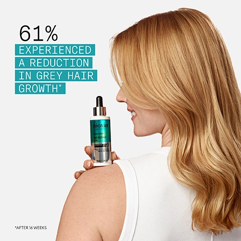 Image 1 - A blonde woman in a white top smiles while holding a Nioxin Age Defense Serum bottle on her shoulder, with overlay text stating 61% EXPERIENCED A REDUCTION IN GREY HAIR GROWTH* and *AFTER 16 WEEKS, and product text Nioxin PRO CLINICAL ACTIV-RENEWAL age defense serum, NUTRACTIVE COMPLEX + PEPTIDES, PROVEN TO PRESERVE HAIR FULLNESS, SMOOTHNESS AND NATURAL COLOR, 70mL 2.3 FL OZ. Image 2 - A split image shows the back of light brown hair, appearing finer and less styled on the left labeled BEFORE No product & styling, and fuller, smoother, and wavy on the right labeled AFTER Results with Nioxin Age Defense Serum, Diaboost, Thickening Serum, blow dry & styled, with the text PRESERVES HAIR FULLNESS, SMOOTHNESS AND NATURAL COLOR across the bottom. Image 3 - A clear glass dropper filled with transparent liquid hovers over a pool of the same liquid on a white surface, next to text that reads: Lightweight, For daily use on dry or damp hair, For all scalp types, Dermatologically tested. Image 4 - The image displays a list of skin-loving ingredients, showing a drop of clear liquid representing niacinamide, described as a form of vitamin B3 that helps nourish the hair root and improves scalp skin barrier function; dried oat stalks representing black oat peptides, which help maintain melanin production combating oxidative stress in grey hair; and a pile of coffee beans representing caffeine, which helps support hair follicles, maintains the skin barrier, and improves blood microcirculation with massage. Image 5 - A hand holds a serum dropper over a persons scalp, with instructions for use displayed in a box on the left: HOW TO USE. 1 Gently massage up to 3 pipettes on scalp on dry or damp hair. 2 After massaging in the serum, gently brush hair. 3 Do not rinse. Image 6 - A Nioxin hair serum bottle with a dropper cap stands on a light blue surface with clear liquid drops, next to five circular icons depicting product benefits; the bottle reads Nioxin PRO CLINICAL ACTIV-RENEWAL age defense serum / sérum NUTRACTIVE™ COMPLEX/COMPLEXE PRESERVES HAIR FULLNESS AND NATURAL COLOR +PEPTIDES PRÉSERVE LE VOLUME ET LA COULEUR NATURELLE DES CHEVEUX +PEPTIDES 70mL | 2.3 FL OZ, and the icons are labeled Sulfate-Free, Silicone-Free, Paraben-Free, Coloured hair friendly, and Dermatologically tested. Image 7 - Three Nioxin Pro Clinical Age Defense hair care products are displayed: a shampoo, a conditioner, and a serum. Visible text includes: COMPLETE YOUR ANTI-AGEING REGIME, Detoxifying Shampoo, Nioxin PRO CLINICAL ACTIV-RENEWAL™ age defense shampoo / shampooing NUTRACTIVE™ COMPLEX/COMPLEXE DETOXIFYING CLEANSE FOR SHINE TO PROMOTE YOUTHFUL LOOKING HAIR NETTOYANT DÉTOXIFIANT POUR UNE CHEVELURE BRILLANTE DAPPARENCE JEUNE 240mL | 8.1FL OZ, Cleanses & Purifies with BHA, Strengthening Conditioner, Nioxin PRO CLINICAL ACTIV-RENEWAL™ age defense conditioner / après-shampooing NUTRACTIVE™ COMPLEX/COMPLEXE + HYALURONIC ACID DEEP MOISTURIZATION FOR SMOOTHNESS TO PROMOTE YOUTHFUL LOOKING HAIR + ACIDE HYALURONIQUE HYDRATATION EN PROFONDEUR POUR UNE CHEVELURE DOUCE DAPPARENCE JEUNE 240mL | 8.1FL OZ, Strengthens & Moisturises with Hyaluronic Acid, Lightweight Serum, Nioxin PRO CLINICAL ACTIV-RENEWAL™ age defense serum / sérum NUTRACTIVE™ COMPLEX/COMPLEXE + PEPTIDES PRESERVES FULLNESS, SMOOTHNESS AND NATURAL COLOR + PEPTIDES PRÉSERVE LE VOLUME, LA DOUCEUR ET LA COULEUR NATURELLE DES CHEVEUX 70mL | 2.3FL OZ, Preserves Fullness, Smoothness & Natural Color with Black Oat Peptides.