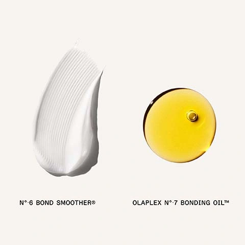 Image 2 - A white cream swirl is shown next to a golden oil drop with the text N°6 BOND SMOOTHER® and OLAPLEX N°7 BONDING OIL™ below them. Image 3 - A woman with long, straight black hair looks forward, holding a small amber bottle of hair oil in her raised hand. THE STYLING DUO TO INSTANTLY BOOST SHINE, SMOOTH FRIZZ, AND PROTECT FROM HEAT AND DAMAGE OLAPLEX NO.7 BONDING OIL Image 4 - The image presents instructions for a hair routine with two products: a white bottle for Step 1: Smooth Frizz, OLAPLEX N°6 BOND SMOOTHER LEAVE-IN STYLING TREATMENT ADDS MOISTURE, STRENGTHENS & REDUCES FRIZZ FOR UP TO 72 HOURS 100 mL / 3.3 fl. oz., and a yellow oil bottle for Step 2: Boost Shine, OLAPLEX N°7 BONDING OIL 30 mL / 1.0 fl. oz., all under the title How To Use Your Routine. Image 5 - A persons hand with manicured nails holds a white Olaplex No. 6 Bond Smoother bottle, dispensing cream onto a finger of their other hand, with accompanying text that reads 72 Hr FRIZZ CONTROL AND HUMIDITY RESISTANCE and on the bottle PATENTED TECHNOLOGY OLAPLEX OLAPLEX No.6 BOND SMOOTHER LEAVE-IN STYLING TREATMENT ADDS MOISTURE, STRENGTHENS & REDUCES FRIZZ FOR UP TO 72 HOURS 100 mL / 3.3 fl. oz. Image 6 - A split image shows a close-up of light brown hair, with the left side depicting dry, frizzy hair and the right side depicting smooth, healthy hair, with visible text reading BEFORE, AFTER, UNRETOUCHED IMAGES*, and *Results may vary. Results achieved by cleansing with Nº4 Bond Maintenance® Shampoo, conditioning with Nº5 Bond Maintenance® Conditioner, then applying OLAPLEX Nº7 Bonding Oil™ to damp hair before styling and again to dry hair. Image 7 - A split image shows reddish-brown hair, with the left side displaying frizzy hair and the right side showing smoother, more defined wavy hair, along with the text BEFORE on the left, AFTER on the right, and UNRETOUCHED IMAGES* *Results may vary. Results achieved by cleansing with N°4 Bond Maintenance® Shampoo, conditioning with N°5 Bond Maintenance® Conditioner, then applying N°6 Bond Smoother® to damp hair before styling.