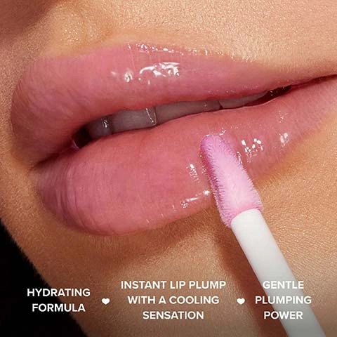 Image 5 - A close-up shows glossy pink lips with a pink applicator applying lip gloss to the lower lip, with text reading Hydrating Formula, Instant Lip Plump with a Cooling Sensation, and Gentle Plumping Power. Image 7 - A collection of Too Faced Lip Injection Lip Gloss tubes in various shades from pink to brown are displayed against a pink background, with white text reading SAME GENTLE PLUMPING FORMULA 5 NEW SHADES & FINISHES. Image 8 - A pink graphic displays three Too Faced Lip Injection lip plumping products with their applicators. The visible text reads: PICK YOUR PLUMP! On the left, a pink product is shown labeled Too Faced LIP INJECTION LIP GLOSS O with the descriptive text LIP INJECTION LIP GLOSS, Entry To Plump, Cooling, Instant Plump & Moisturizes, Shine, Shimmer, Sparkle. In the center, a gold and clear product is shown labeled Too Faced LIP INJECTION Extreme INSTANT & LONG-TERM LIP PLUMPER with the descriptive text LIP INJECTION EXTREME, Mid-Level Plump, With Heat, Instant, Long Term Plump & Moisturises, Shine. On the right, a rose gold and clear product is shown labeled Too Faced LIP INJECTION MAXIMUM PLUMP with the descriptive text LIP INJECTION MAXIMUM PLUMP, Maximum Plump, With Heat, Instant, Long Term Plump & Moisturises, Shine, Shimmer, Sparkle.