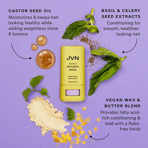 Image 1 - A yellow JVN Perfect Stylefix Stick stands on a purple background, surrounded by ingredients and their benefits: Castor Seed Oil moisturizes & keeps hair looking healthy while adding weightless shine & bounce; Basil & Celery Seed Extracts conditioning for smooth, healthier-looking hair; and Vegan Wax & Butter Blend provides fatty acid-rich conditioning & hold with a flake-free finish, with the product label reading JVN Perfect Stylefix Stick Stylefix Stick Bâton Stylefix 17g/0.6 Oz. Image 10 - Image showing a before-and-after comparison of a persons hair, with the left side labeled WITHOUT displaying flyaways and the right side labeled WITH showing smoother hair, accompanied by the text Tame Flyaways, Smooth directly over hair to smooth & tame, and HAIR NOT RETOUCHED. Image 11 - An image displays four circular photos of people showcasing different hairstyles, numbered 1 through 4, with text that reads: 4 WAYS TO STYLE WITH StyleFix Stick, 1 Slick Back, 2 Tousled Texture, 3 Sculpted, 4 Half up & Half Down, NO FLYAWAYS HERE. Image 12 - The image shows a split screen comparison of a man with light brown hair and blonde highlights, with the left side showing his hair styled somewhat flat and the right side showing his hair with more volume and tousled texture, with visible text reading Tousled Texture, Apply with fingers for piecey texture, WITHOUT, WITH, and HAIR NOT RETOUCHED. Image 13 - A man and a woman smile at the camera, with the mans arm around the womans shoulder, against a lavender background with text that reads Pocket-Sized Powerhouse, followed by three bullet points with checkmarks: MULTI TASKING HOLD From sleek to tousled, FIGHTS FRIZZ & FLYAWAYS For a smooth, flake-free finish, and GLIDES ON EASY Without feeling heavy or stiff. Image 2 - Two yellow JVN Perfect StyleFix Sticks are shown on a purple background with their reflections below, alongside text that reads REAL RESULTS 96% said the product did not leave flakes* 93% said the product rinsed out easily* JVN PERFECT STYLEFIX STICK StyleFix Stick Bâton StyleFix 17g/0.6 Oz Based on a 24-hour consumer study of 30 subjects. Image 3 - A white creamy product swatch is shown on a light purple background next to a comparison table with the title Buttery, Smoothing, & Long Lasting, and features including A dreamy blend of vegan waxes, butters & oils, Hydrating & glides on smooth, Tames & texturizes, No silicones, Doesnt feel heavy or stiff, and Without visible stiffness or residue. Image 4 - A split image shows a woman with curly, unstyled hair on the left and the same woman with smooth, slicked-back hair on the right, with visible text that reads Slick Back Smooth directly over hair and brush into place. Secure, then smooth over again for the perfect slick back, WITHOUT, WITH, and HAIR NOT RETOUCHED. Image 5 - A mans face is shown side by side against a light purple background, on the left with messy curly dark hair, and on the right with neatly combed and sculpted dark hair. The text reads: Short & Sculpted. Smooth directly over hair, then brush or comb into place. WITHOUT. WITH. HAIR NOT RETOUCHED. Image 6 - A split image shows a before-and-after comparison of a red-haired persons hairline, with messy, frizzy hair on the left labeled WITHOUT and smooth, styled hair with a beige hair tie on the right labeled WITH, alongside the text Half up Half Down, Smooth directly over hair, then brush into place. Secure, then smooth over again to detail your look, and HAIR NOT RETOUCHED. Image 7 - A smiling young woman with sleek dark hair in a long ponytail, wearing a purple top, is shown against a lavender background with the text REAL RESULTS All-Day Hold. Controls frizz & flyaways up to 24 hours.* Based on a 24-hour consumer study of 30 subjects. Image 8 - Jonathan Van Ness, smiling and wearing a rainbow tank top, applies a yellow styling product to the blonde hair of another person in a pink shirt, with the text From chic & slicked back to carefree & tousled, StyleFix Stick is the small & mighty essential you need for pulling off a quick look. - JONATHAN VAN NESS, PROFESSIONAL HAIRSTYLIST & FOUNDER OF JVN HAIR. Image 9 - Several bright yellow JVN Perfect Stylefix Sticks are arranged on a reflective surface against a purple background, with the text Pocket-Sized Powerhouse for More Styles & Fewer Flyaways, and on the products JVN Perfect Stylefix Stick, Stylefix Stick Bâton StyleFix, 17g / 0.6 Oz.