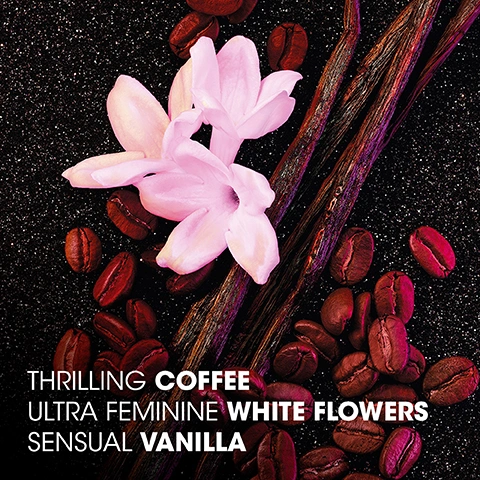 Image 1 - The image displays light pink flowers, dark vanilla pods, and scattered coffee beans on a dark background, with the text Thrilling Coffee Ultra Feminine White Flowers Sensual Vanilla. Image 2 - The image displays four variations of Black Opium perfume bottles, each with a thematic background showcasing ingredients like coffee beans, cherries, marshmallows, vanilla pods, and flowers, with the text BLACK OPIUM at the top, followed by EAU DE PARFUM OVER RED, JUICY, LIQUOROUS CHERRY SENSATION, COFFEE FLORAL SIGNATURE & CHERRY ACCORD, INTENSITY four out of five for the first bottle; EAU DE PARFUM GLITTER, YUMMY, MARSHMALLOW MUSE PLEASURE, COFFEE FLORAL SIGNATURE & MARSHMALLOW MUSK ACCORD, INTENSITY four out of five for the second bottle; EAU DE PARFUM THRILLING, GOURMAND COFFEE FLORAL SIGNATURE & VANILLA, INTENSITY four out of five for the third bottle; and LE PARFUM HOT, SENSUAL VANILLA INTENSITY, COFFEE FLORAL SIGNATURE & QUARTET OF VANILLAS, INTENSITY four out of five for the fourth bottle. Image 3 - A black mascara tube with a gold YSL logo is partially visible on the left, surrounded by white iris flowers with yellow centers and water droplets, against a white background, displaying the text LASH NOURISHING IRIS EXTRACT ACTIVE FROM OURIKA COMMUNITY GARDEN and a YSL logo.