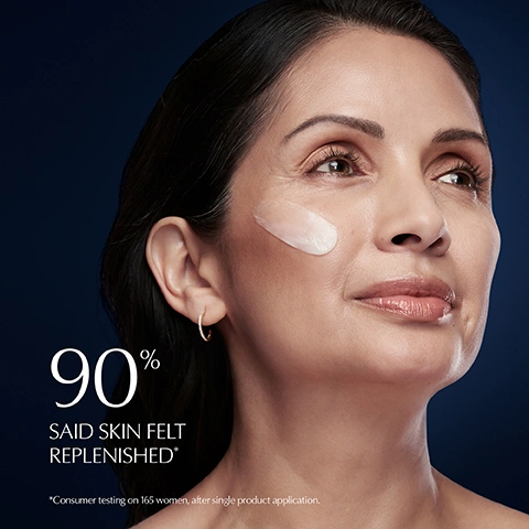 Image 3 - A woman with dark hair has a streak of white cream on her cheek, with text overlay reading 90% SAID SKIN FELT REPLENISHED* *Consumer testing on 165 women, after single product application. Image 4 - A woman applies a white cream to her left cheek with her finger, looking upwards, with the text Effortlessly Melts into Skin visible in the bottom left. Image 5 - A promotional image shows three Estée Lauder skincare products: a dark brown dropper bottle, a blue jar with a gold lid, and an open dark brown jar revealing cream with its gold lid leaning beside it, with visible text RENEW, REPLENISH, RECHARGE, ESTEE LAUDER Advanced Night Repair Synchronized Multi-Recovery Complex Complexe multi-reparation synchronise, ESTEE LAUDER Revitalizing Supreme+ Night Power Bounce Creme Crème de nuit repulpante, ESTEE LAUDER Advanced Night Repair Overnight Treatment Soin réparateur de nuit, and ESTEE LAUDER. Image 6 - An overhead shot displays six Estée Lauder skincare products arranged as a routine on a blue surface, including a large cream jar labeled Estée Lauder Step 1, a tall serum bottle labeled Estée Lauder Advanced Night Repair Rescue Solution Serum Step 2, a dropper bottle labeled Estée Lauder Advanced Night Repair Synchronized Multi-Recovery Complex Step 3, a small cream jar labeled Step 4, a blue jar labeled Estée Lauder Revitalizing Supreme+ Night Power Bounce Creme Step 5, and an open cream jar with a lid labeled Estée Lauder Step 6, along with a white cream dab.
