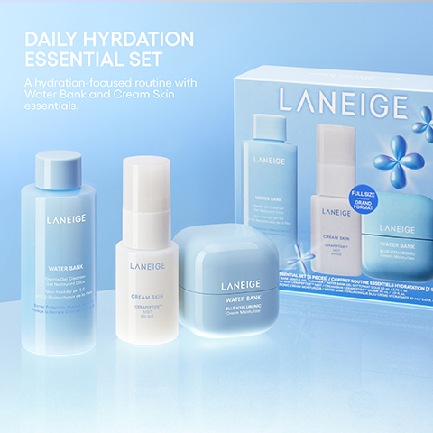 Three light blue and white Laneige skincare bottles and a jar are displayed in the foreground, with a Laneige box set featuring similar products in the background, all against a blue gradient, and visible text includes DAILY HYRDATION ESSENTIAL SET, A hydration-focused routine with Water Bank and Cream Skin essentials, LANEIGE WATER BANK Gentle Gel Cleanser Gel Nettoyant Doux Skin-friendly pH 5.0 pH 5.0 Respectueux de la peau Barrier Protection Maintien de la Barriere Cutanee, LANEIGE CREAM SKIN CERAPEPTIDE™ MIST BRUME, LANEIGE WATER BANK BLUE HYALURONIC Cream Moisturizer, LANEIGE, FULL SIZE GRAND FORMAT, and ESSENTIAL SET [3] PIECES / COFFRET ROUTINE ESSENTIELS HYDRATATION [3] PCES.