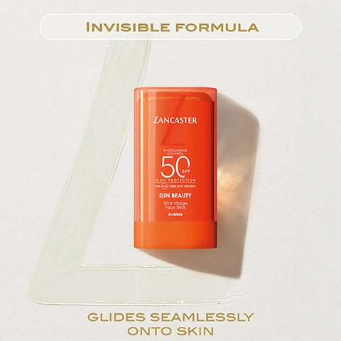Image 2 - A sleek orange Lancaster 50 SPF sunscreen stick stands on a light surface with a clear, iridescent streak of product, featuring the text INVISIBLE FORMULA, LANCASTER, PHOTOAGING CONTROL, 50 SPF, HIGH PROTECTION, UVA UVB VISIBLE LIGHT INFRARED, SUN BEAUTY, Stick Visage, Face Stick, Invisible, GLIDES SEAMLESSLY ONTO SKIN. Image 3 - A young man outdoors under a blue sky applies an orange stick sunscreen to his cheek and holds an orange bottle of sunscreen, with overlaid text ON-THE-GO FORMAT, HANDS-FREE APPLICATION, ULTRA-BROAD PHOTOPROTECTION, WATER & SWEAT-RESISTANT, and LANCASTER 50 SPF SUN BEAUTY visible on the bottle. Image 4 - An iridescent, clear, blob-like form with colorful reflections against a light blue background, with text that reads FULL LIGHT TECHNOLOGY™ TARGETS 100% OF THE SUN SPECTRUM* * NO SUNSCREEN PRODUCT CAN PROVIDE FULL PROTECTION FROM THE SUN’S RAYS. OVEREXPOSURE TO THE SUN IS A SERIOUS HEALTH THREAT. ** IN VITRO TEST ON TECHNOLOGY. Image 5 - Close-up of a woman with blonde hair and radiant skin looking slightly upwards, with text that reads 100% SAY THE STICK IS ULTRA-EASY TO REAPPLY* *CONSUMER TEST ON 70 WOMEN AND MEN, AFTER 1 WEEK OF USE OF SUN BEAUTY FACE STICK SPF50, % OF POSITIVE OPINION. Image 6 - Close-up of a womans face with smooth, radiant skin, light blonde hair, blue eyes, and pink lips, with the text APPLY ALL OVER FACE OR TARGETED AREAS BEFORE SUN EXPOSURE. Image 7 - A close-up of a persons face with clear skin is shown, with the text APPLY ON TARGETED FACE AREAS : EYE CONTOURS, LIP CONTOUR, DARK SPOTS, SCARS, TATTOOS... & MORE.