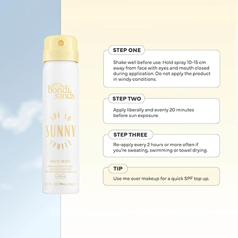 Image 1 - A white and yellow Bondi Sands SPF 50 Sunny Spritz Face Mist spray bottle stands on the left, next to a panel of usage instructions on the right, with visible text Bondi Sands SPF 50 SUNNY SPRITZ FACE MIST COMPLEXION PROTECTION FOR CALM, CLEAR SKIN UVA/UVB HIGH PROTECTION SUNSCREEN 2.0 FL OZ (59mL/60g) STEP ONE Shake well before use. Hold spray 10-15 cm away from face with eyes and mouth closed during application. Do not apply the product in windy conditions. STEP TWO Apply liberally and evenly 20 minutes before sun exposure. STEP THREE Re-apply every 2 hours or more often if youre sweating, swimming or towel drying. TIP Use me over makeup for a quick SPF top up. Image 2 - A smiling blonde woman is surrounded by white and yellow Bondi Sands SPF 50 Sunny skincare products including Face Mist, Face Serum, and Face Lotion, with text below stating OUR COMPLEXION PROTECTION™ RANGE IS PROUDLY: DERMATOLOGIST APPROVED, OIL FREE, NON COMEDOGENIC, each accompanied by a relevant icon. Image 3 - A close-up shows the top of a light yellow spray bottle emitting a mist, with graphic callouts for ingredients Australian Hibiscus and Vitamin E, and text reading Including skin-loving ingredients like.