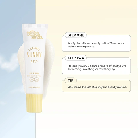 Image 1 - A white tube of Bondi Sands Caramel Sunny Kiss Lip Balm with a yellow cap, labelled LIP BALM SUNSCREEN SPF 50+ UVA UVB 0.35 OZ 10g e, is displayed alongside instructions: STEP ONE Apply liberally and evenly to lips 20 minutes before sun exposure. STEP TWO Re-apply every 2 hours or more often if you’re swimming, sweating, or towel drying. TIP Use me as the last step in your beauty routine. Image 2 - A blonde woman smiles while applying Bondi Sands Caramel Sunny Kiss Lip Balm to her lips, with product tubes displayed showing Bondi Sands Caramel Sunny Kiss Lip Balm Sunscreen SPF 50+ UVA UVB 0.35 OZ (10g), and a banner at the bottom reads OUR SUNNY KISS LIP BALM IS PROUDLY: followed by a blue cross icon and the text DERMATOLOGIST APPROVED. Image 3 - A dollop of clear shimmering product is shown on a white tube labeled Bondi Sands. Caramel Sun, with text callouts indicating Vitamin E and Australian Hibiscus as ingredients, and a banner that reads Including skin-loving ingredients like.