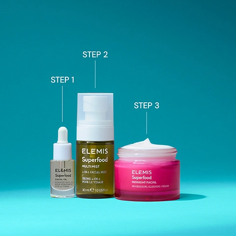 Image 1 - Three Elemis Superfood skincare products are presented in a three-step sequence against a blue background, showing a facial oil dropper bottle, a multi-mist spray bottle, and a nourishing sleeping cream jar, with the visible text STEP 1 ELEMIS Superfood FACIAL OIL HYDRATING FACE OIL / HUILE HYDRATANTE POUR LE VISAGE, STEP 2 ELEMIS Superfood MULTI MIST 4-IN-1 FACIAL MIST / BRUME 4-EN-1 POUR LE VISAGE 30 ml e 1.0 US fl.oz, and STEP 3 ELEMIS Superfood MIDNIGHT FACIAL NOURISHING SLEEPING CREAM. Image 2 - Three panels display cosmetic product textures: a clear viscous oil drop with bubbles on blue, a blue background with many water droplets, and a white cream swatch on light blue, with labels reading LIGHTWEIGHT SILKY OIL, LIGHTWEIGHT MIST, and HYDRATING GEL-CREAM. Image 3 - A bottle of Elemis Superfood Facial Oil with a dropper top is displayed on a blue background, alongside three circular images showing water droplets, golden oil bubbles, and white daikon radishes, with all visible text transcribed as follows: ELEMIS Superfood FACIAL OIL HYDRATING FACE OIL/ HUILE HYDRATANTE POUR LE VISAGE; SQUALANE Provides a protective barrier, helping to increase skin hydration; FLAX SEED OIL Rich in Omega-3. Soothes and seals in moisture; DAIKON RADISH Deeply nourishes, leaving skin soft, smooth and supple. Image 4 - A bottle of Elemis Superfood Multi Mist with text Elemis Superfood MULTI MIST 4-IN-1 FACIAL MIST / BRUME 4-EN-1 POUR LE VISAGE 30 ml e 1.0 US fl.oz. is shown next to three circular insets describing ingredients: Kefir Ferment Extract, known to support a healthy-looking complexion; Rooibos Red Bush Extract, known to have skin-soothing properties; and Aloe Vera, known to help calm, moisturise, and soften the skin. Image 5 - A pink jar of Elemis Superfood Midnight Facial Nourishing Sleeping Cream with cream on top is shown, surrounded by three circular insets of ingredients: camu camu berries with text Camu Camu A berry known to be rich in vitamin C, a cocoa pod with text Cocoa Butter Rich in Omega-6; supports skin barrier function, and a banana flower with text Banana Flower Extract Considered a rich source of fibre, vitamins and minerals.