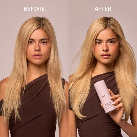 Image 1 - A before and after image shows a woman with blonde hair; on the left, her hair is frizzy and dull under the text BEFORE, and on the right, her hair is smooth and shiny while she holds a pink bottle labeled OUAI ANTI-FRIZZ HAIR STYLER FRIZZ BLOCKING SMOOTHING SERUM 1 FL OZ / 30 ML under the text AFTER. Image 2 - A woman with light brown skin smiles in a side-by-side comparison, showing her hair transforming from frizzy and voluminous to defined, moisturized curls, with the text BEFORE above the first image and AFTER above the second. Image 3 - A hand holds a digital stopwatch displaying 03:00.00, next to a pink Ouai Bond Repair Balm bottle, with additional text that reads REVERSES HAIR DAMAGE IN 3 MINUTES*, REPAIRS & STRENGTHENS BROKEN HAIR BONDS, HAIR FEELS SOFTER & HEALTHIER AFTER FIRST USE, and *RESULTS BASED ON A CONSUMER PERCEPTION STUDY OF 106 PARTICIPANTS. Image 4 - A womans back with long blonde hair is shown, split vertically to compare a before state on the left with visible roots and some frizz, and an after state on the right with smoother, shinier hair, next to text that reads BEFORE AFTER 90% SAID HAIR FEELS HEALTHIER AFTER FIRST USE *RESULTS BASED ON A CONSUMER PERCEPTION STUDY OF 106 PARTICIPANTS. Image 5 - The image illustrates a four-step hair care routine with a woman, showing her shampooing her hair, then hands squeezing Ouai Bond Repair Balm from a pink bottle marked OUAI, BOND REPAIR BALM, Masque Réparateur de Liaisons, NET WT. 5 FL OZ / 147 ML into a palm, followed by the woman applying the product to her wet hair, and finally the woman winking while holding the product, accompanied by the instructions: STEP 1 SHAMPOO & RINSE. WE RECOMMEND DETOX SHAMPOO. STEP 2 SKIP CONDITIONER. BOND REPAIR BALM GIVES THAT SAME SOFT, CONDITIONED FEEL. STEP 3 APPLY ONE PUMP OF BOND REPAIR BALM, STARTING FROM THE EYELINE & WORKING DOWN. STEP 4 LEAVE ON FOR 3 MINUTES, RINSE & GET ON YOUR OUAI. Image 6 - A light pink cylindrical Ouai Bond Repair Balm product is surrounded by a pink rose, green limes, a blackberry, pomegranate seeds, leaves, and wood, with two drops of liquid in front, and the text EVERYTHINGS COMING UP ROSES MELROSE PLACE FRAGRANCE OUAI BOND REPAIR BALM BAUME RÉPARATEUR POUR CHEVEUX FOR DAMAGED HAIR POUR CHEVEUX ABÎMÉS 12 ml Notes of: ROSE, BERRY, LYCHEE. Image 7 - A wet pink cylindrical Ouai Bond Repair Balm bottle stands on a bed of white rice grains, with text descriptions detailing its ingredients and product information: OUAI BOND REPAIR BALM BAUME RÉPARATEUR POUR CHEVEUX MASQUE FOR DAMAGED HAIR MASQUE POUR CHEVEUX ABÎMÉS 4.8 FL OZ / 142 ML, HYALURONIC ACID DELIVERS DEEP HYDRATION TO HELP IMPROVE SOFTNESS, ELASTICITY, AND SHINE, VEGAN SILK PROTEIN HELPS SMOOTH & STRENGTHEN THE HAIR CUTICLE WHILE PROTECTING AGAINST FUTURE DAMAGE, LIPID REPLACEMENT COMPLEX MIMICS THE HAIRS NATURAL LIPIDS TO HELP RESTORE MOISTURE, SOFTNESS & BARRIER PROTECTION, and HYDROLYZED RICE PROTEIN SUPPORTS HAIR STRENGTH AND REPAIR BY TARGETING DAMAGE & REINFORCING STRANDS.